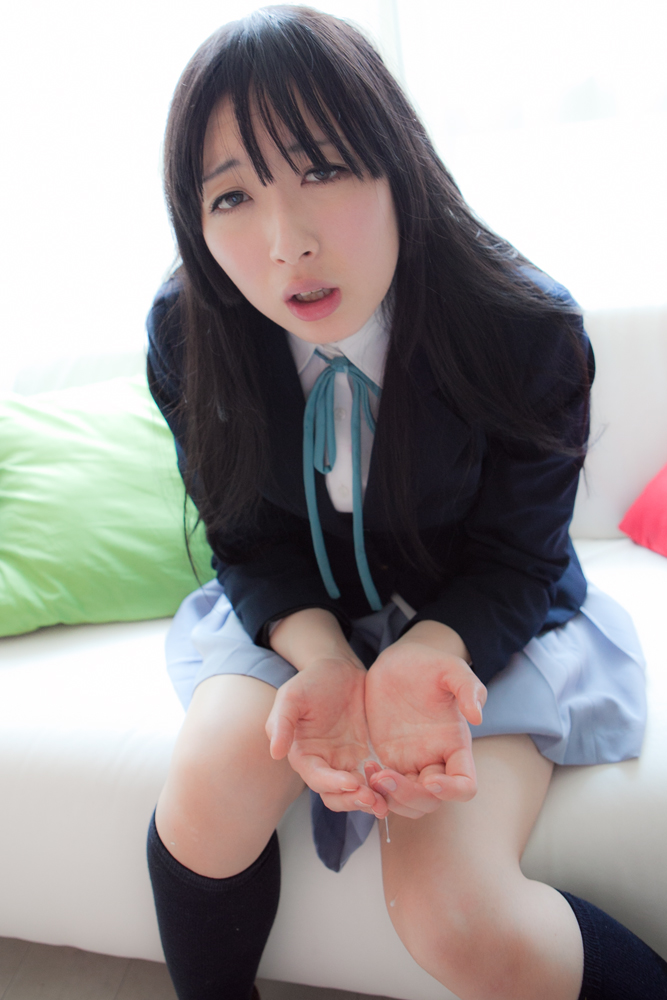 1girl akiyama_mio black_hair cosplay cum cum_on_hands fake_cum female female_only k-on! school_uniform schoolgirl skirt solo