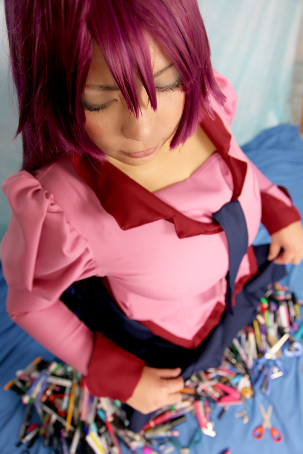 asian breasts chouzuki_maryou cosplay female huge_breasts long_hair purple_hair skirt socks solo