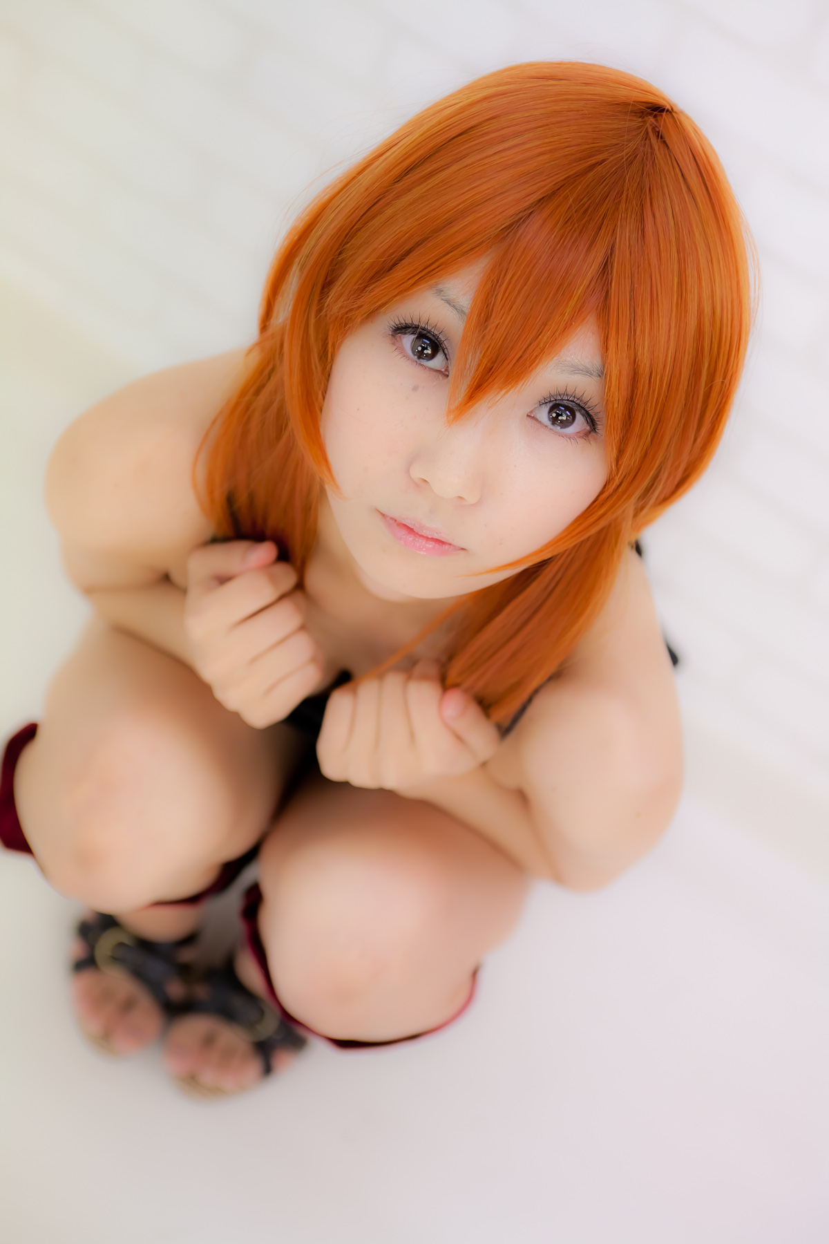 apron asian belt breasts cosplay female long_hair orange_hair sandals shoes solo