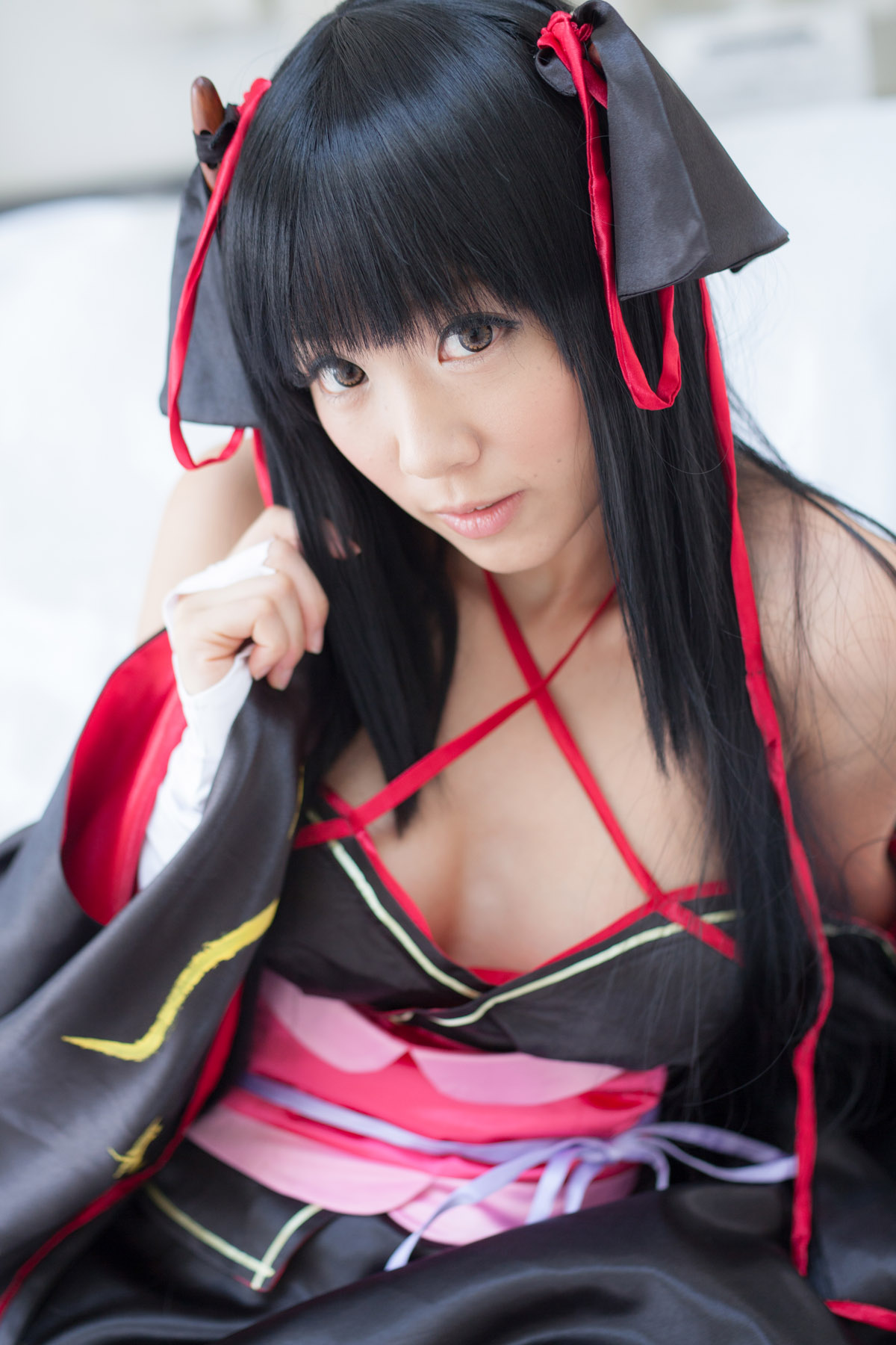 asian bare_shoulders black_hair breasts cosplay dress female long_hair shoes socks solo