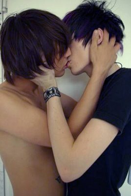 2boys black_hair emo gay hair kissing male multiple_boys photo topless wristband