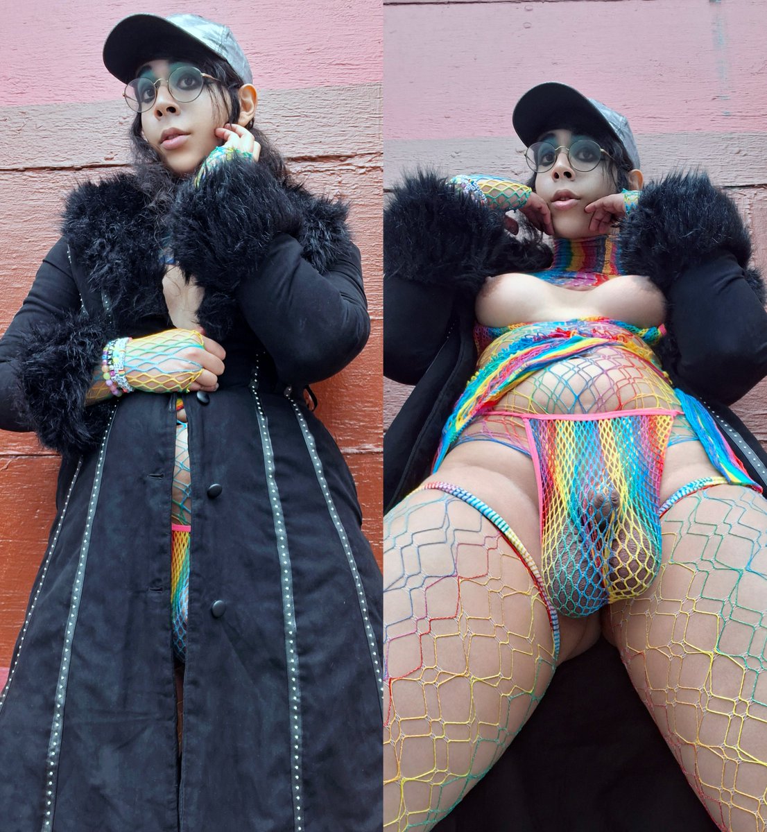 balls bra breasts coat coat_open dark_hair fishnets glasses hat lingerie looking_at viewer nipples outside penis public rayraysugarbutt solo split_screen stockings tan_skin thighhighs thong transgender