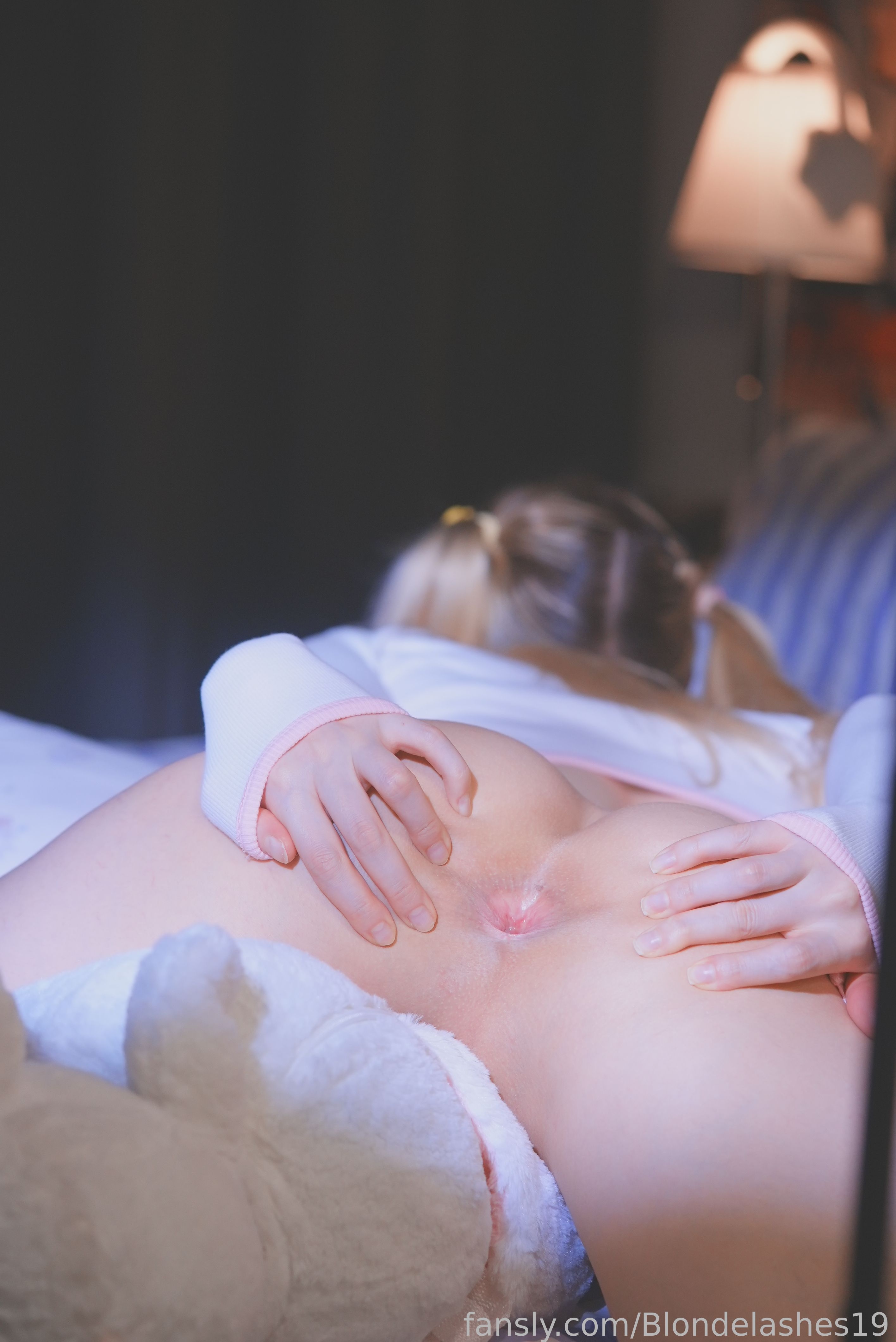 anus ass ass_grab bed bedroom blonde blonde_hair blondelashes19 bottomless fansly feminine grabbing_ass long_hair lying_on stomach on_bed petite pigtails presenting_ass solo spread_anus spread_ass squeezing_ass text transgender watermark