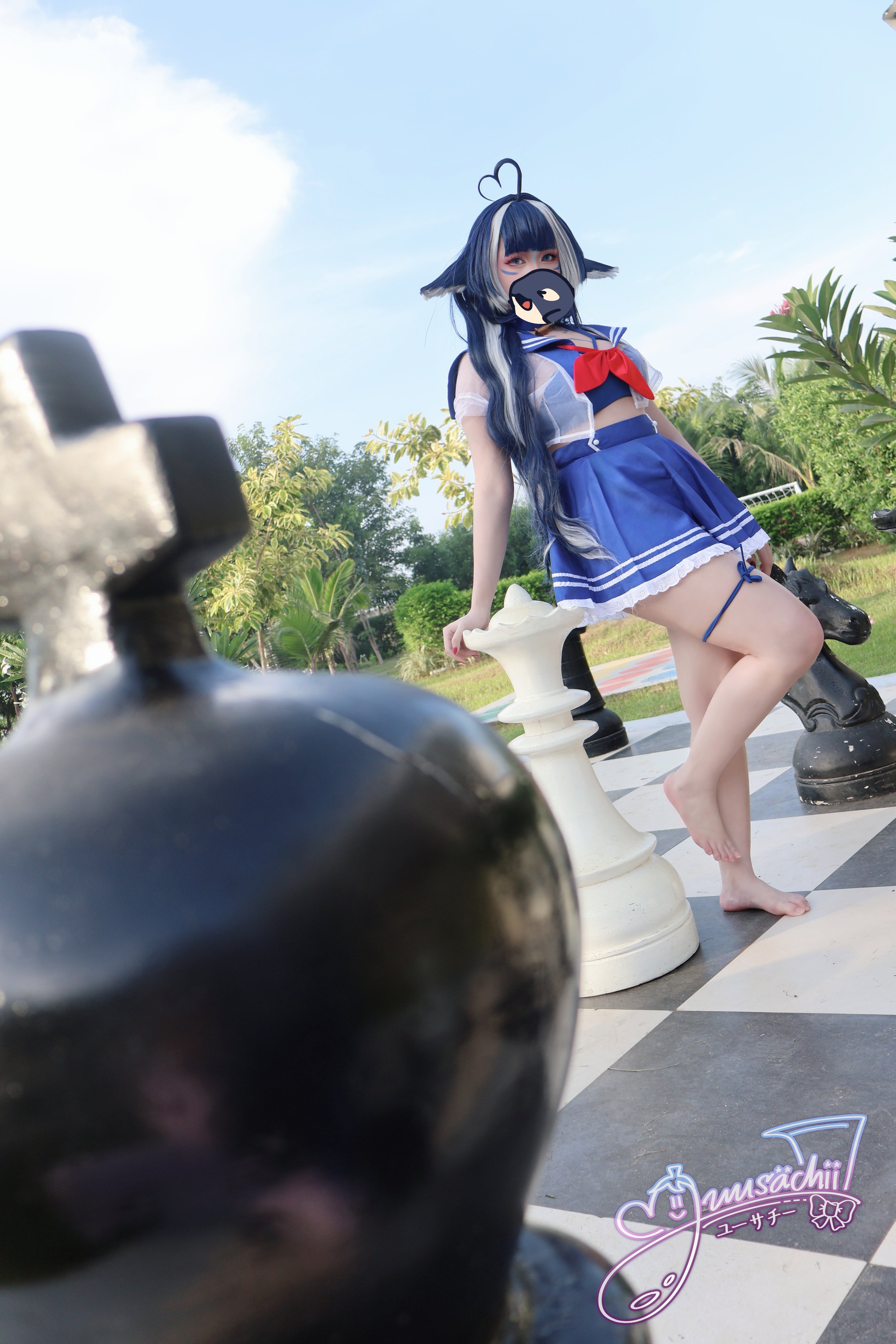 1girl ahoge blue_hair cosplay feet female legs outside sailor_uniform shylily skirt thighs toes virtual_youtuber vtuber xanzera yuusachii