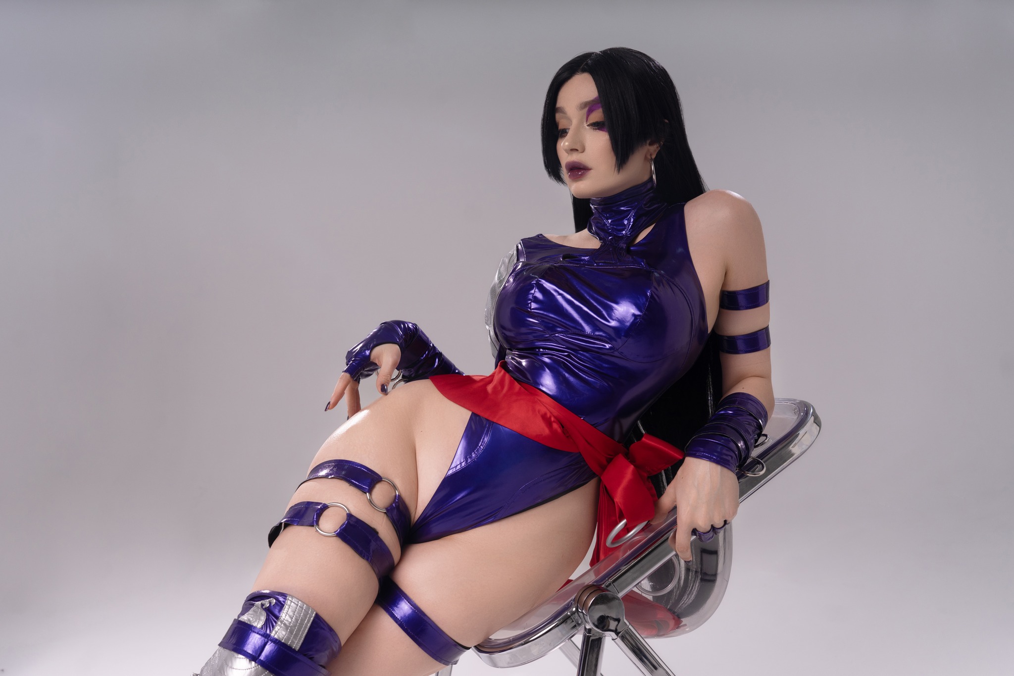 1girl black_hair cosplay female female_focus female_only female_solo hip_cleavage hips leotard marvel marvel_comics photo psylocke revealing_clothes shadory shiny_clothes solo solo_female solo_focus superheroine thighs