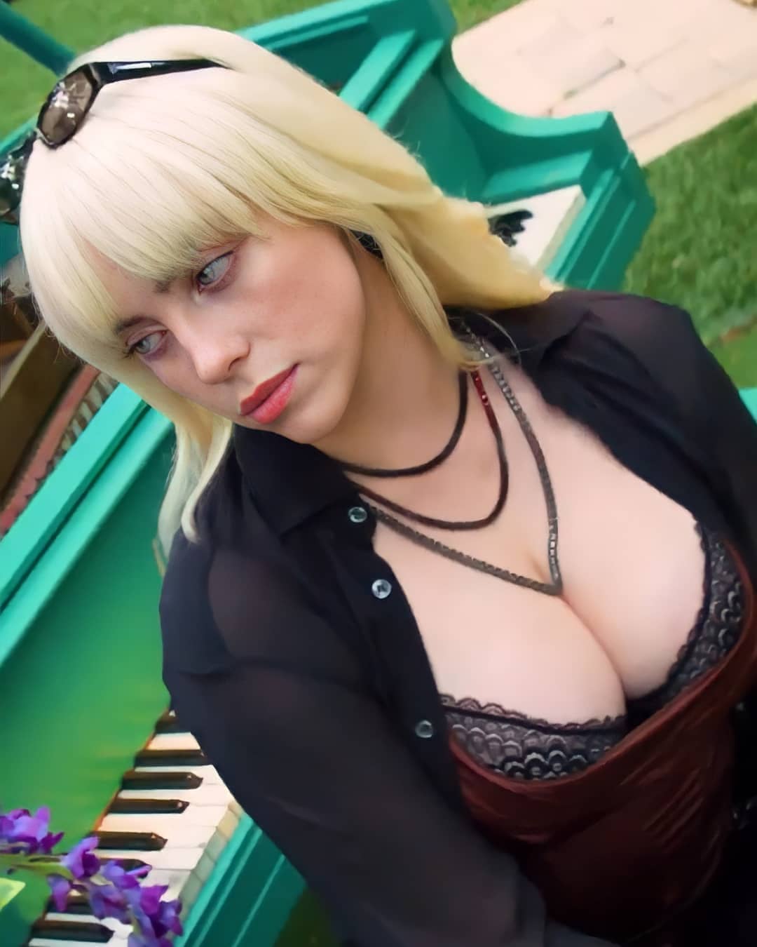 1girl billie_eilish blonde_hair celebrity cleavage clothed female female_only large_breasts looking_away non-nude piano sunglasses sunglasses_on_head tagme white