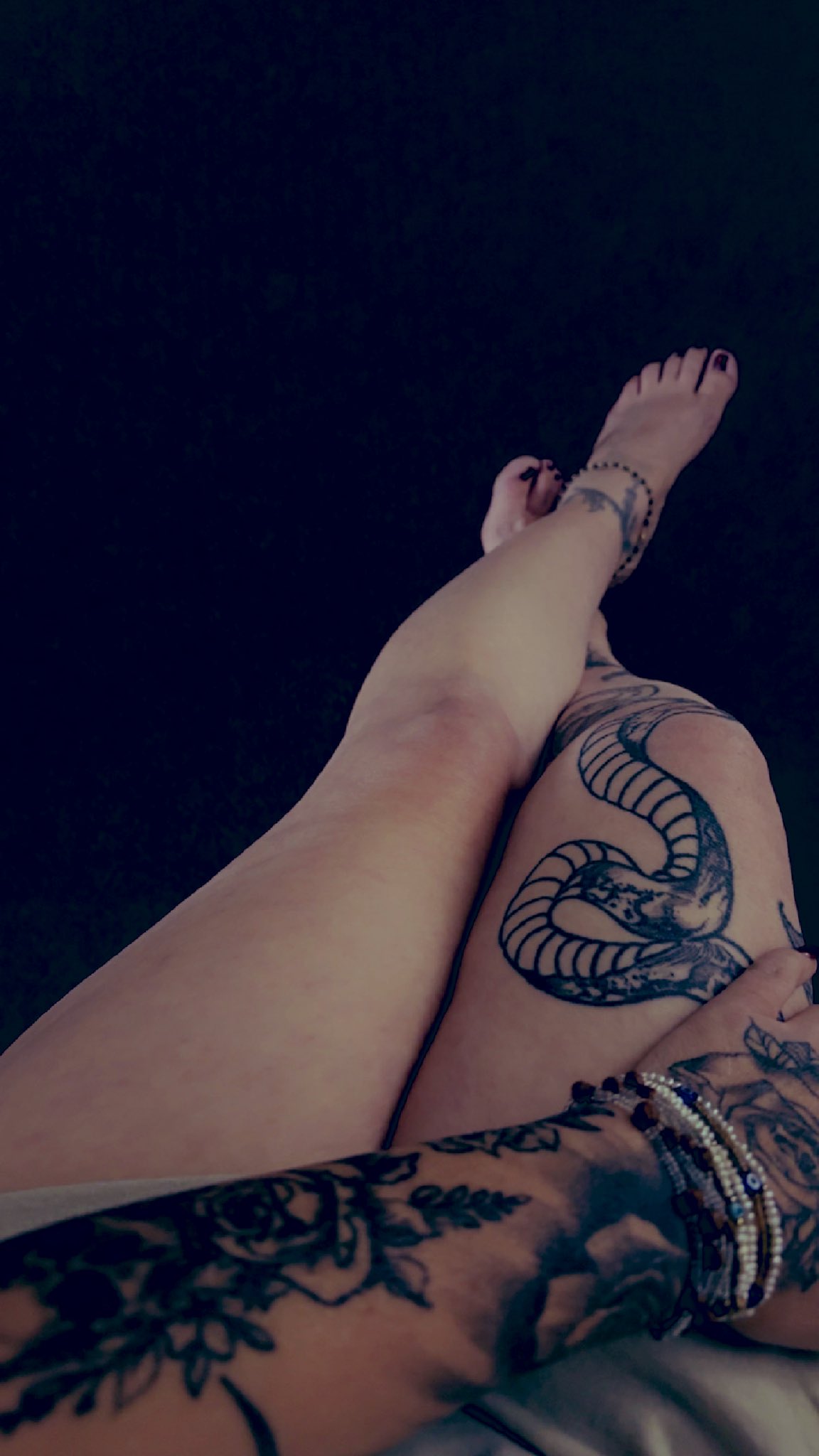 bare_feet bare_legs barefoot black_nails feet foot_fetish tattoo