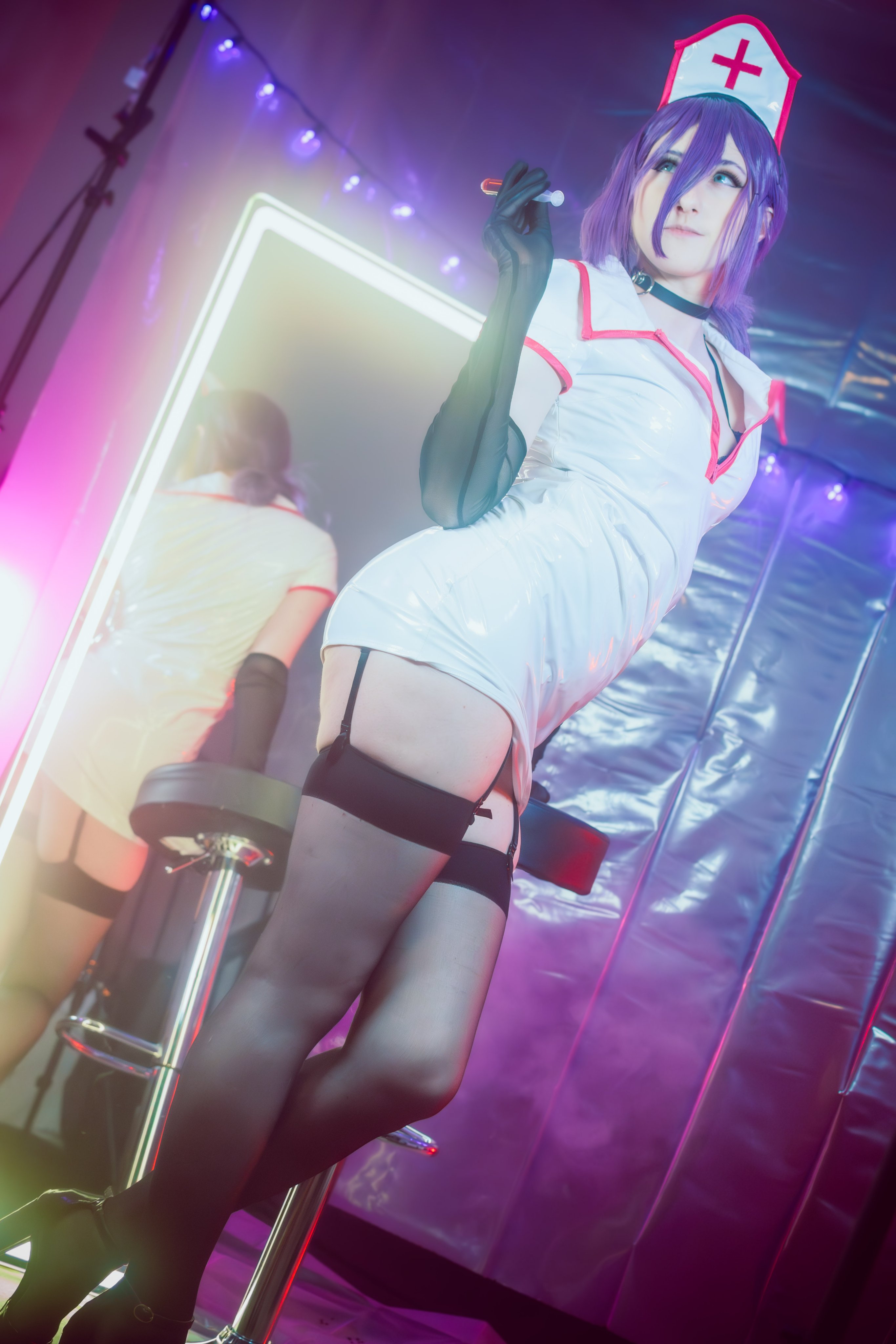 casey_sanders chainsaw_man choker cosplay garter_straps high_heels mangoloo nurse nurse_outfit patreon reze_(chainsaw man) stockings thick_thighs