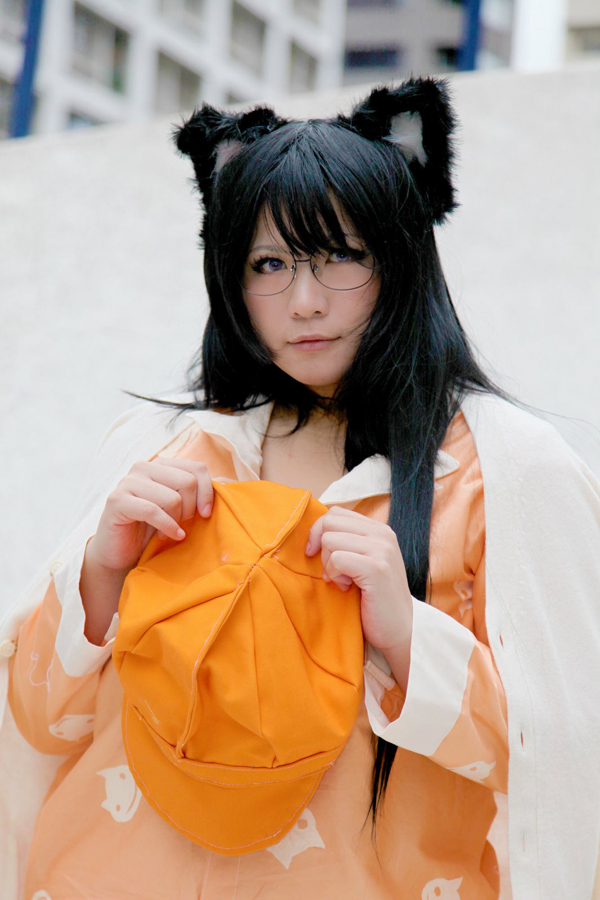 animal_ears asian black_hair breasts chouzuki_maryou cosplay female glasses hat huge_breasts long_hair outside pajamas solo