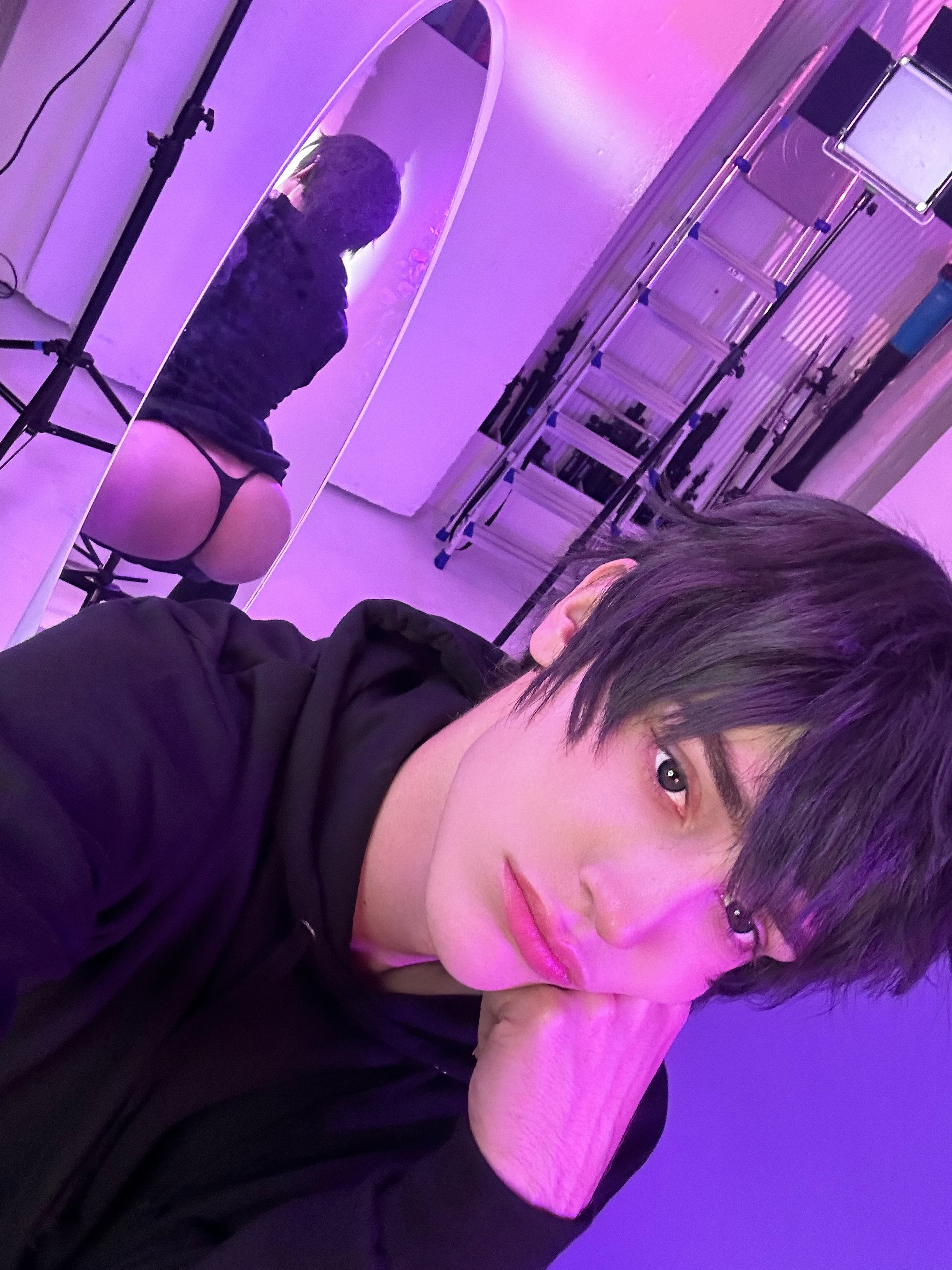 1boy ass femboy gay looking_at viewer male male_only mirror non-nude shunsukecos solo solo_male sourced sweater thong