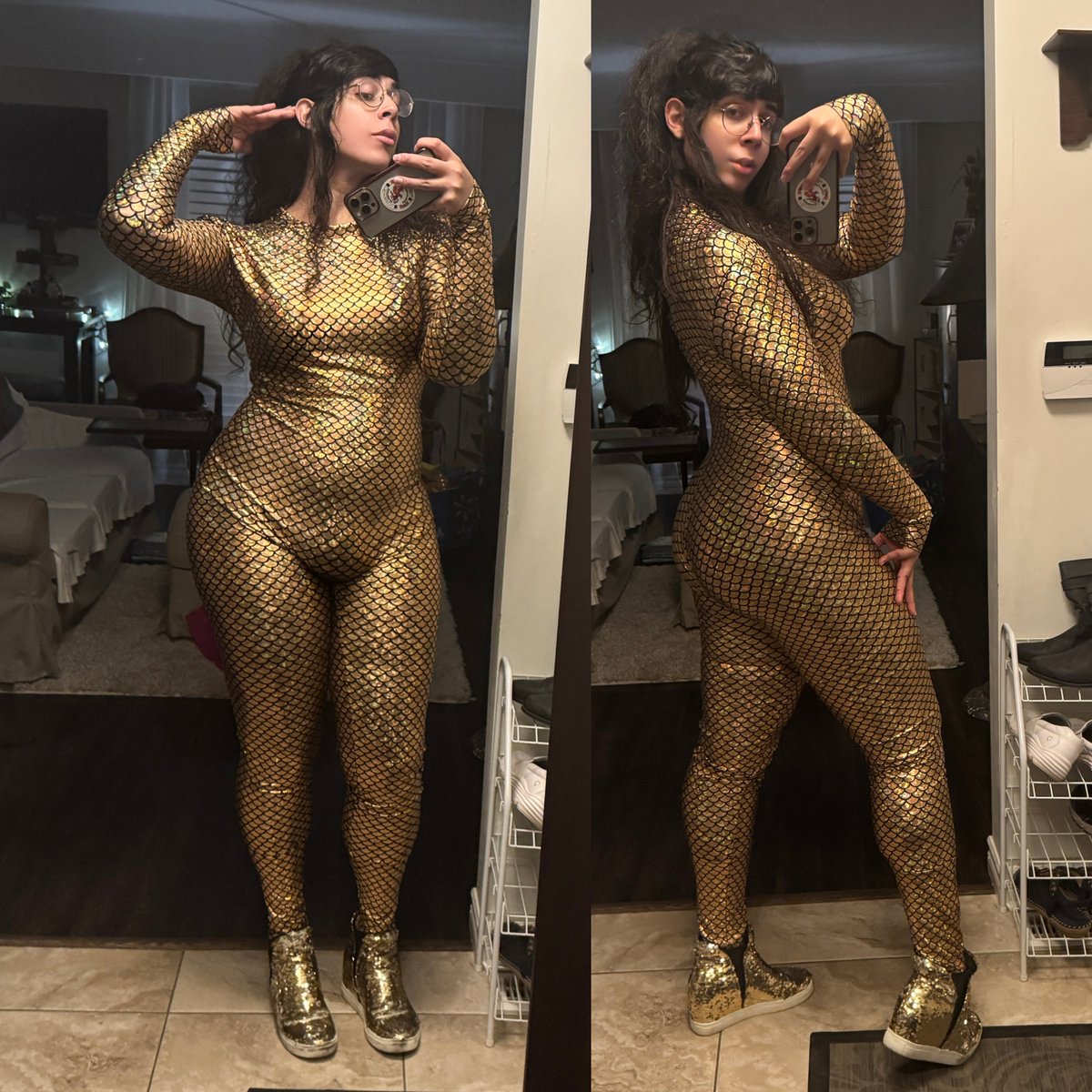 ass bodysuit bulge clothed dark_hair dat_ass glasses non-nude phone posing rayraysugarbutt selfie sneakers solo split_screen tan_skin tight_fit transgender