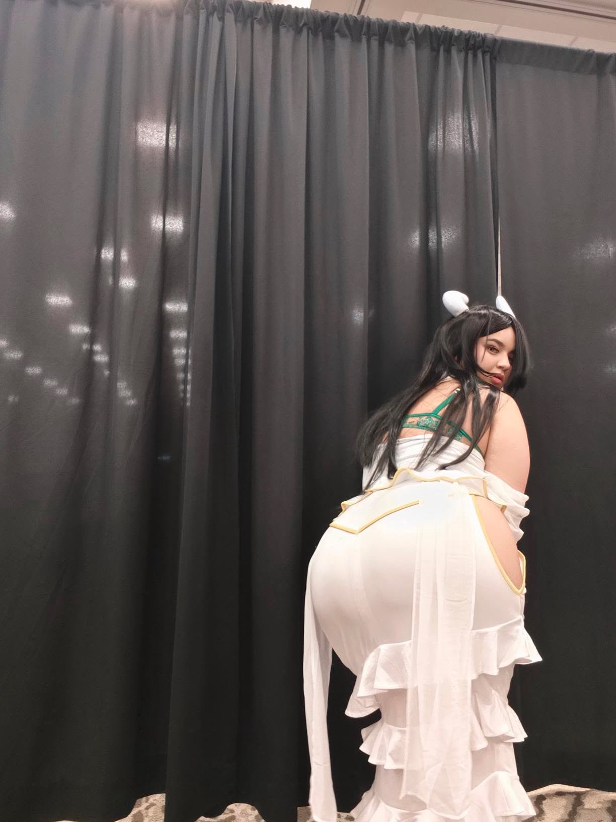 1girl albedo_(overlord) black_hair clothed clothed_female cosplay crystal_chase female female_focus female_only female_solo long_hair looking_back overlord_(maruyama) presenting presenting_ass solo solo_female solo_focus