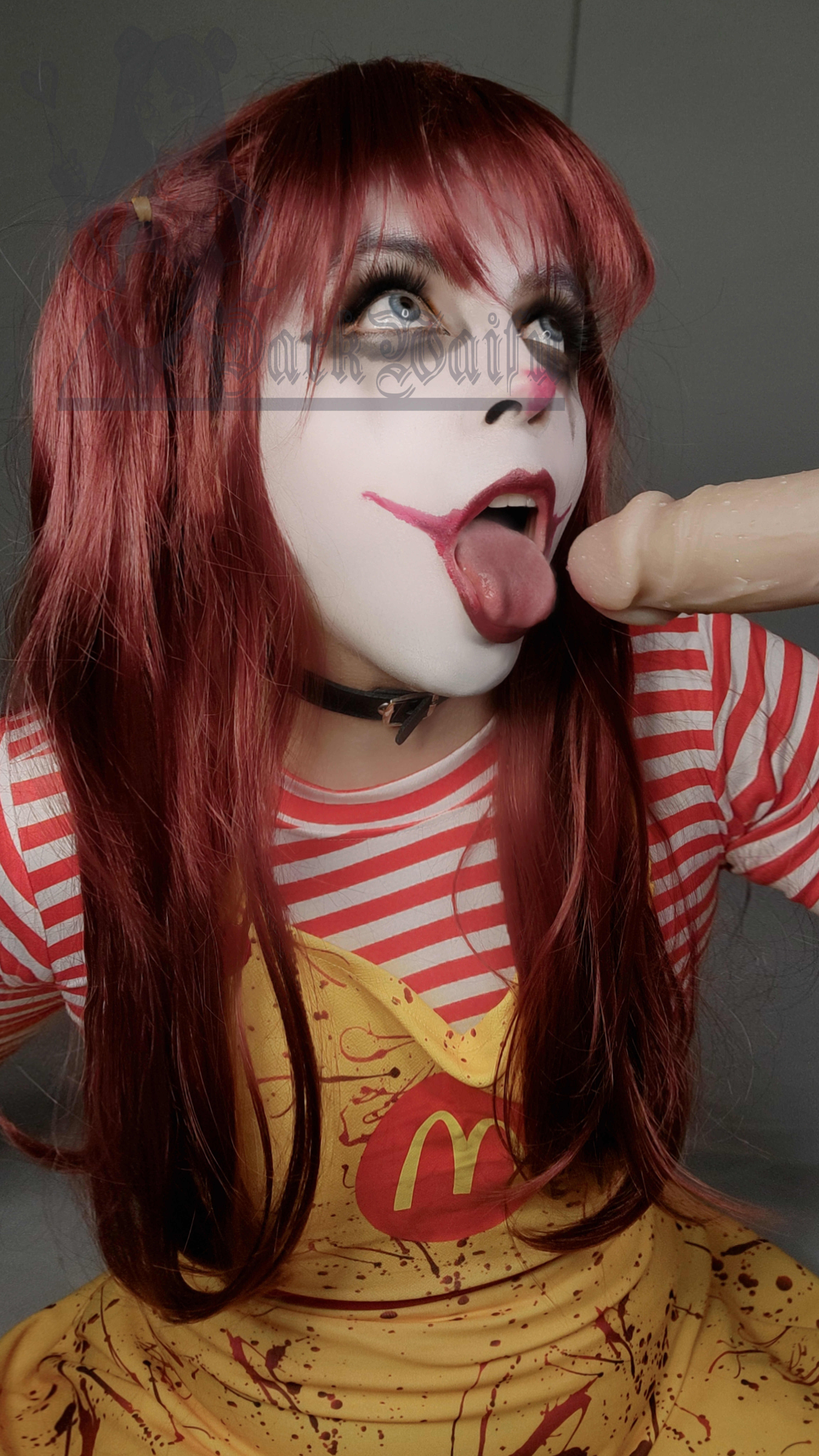 1boy and clown collar darkwaifutrap dildo face_paint femboy feminine lipstick looking_away male male_focus male_only male_solo mcdonald&#039;s open_mouth red_hair sex_toy solo sweater text tongue tongue_out trap twintails watermark white_dildo