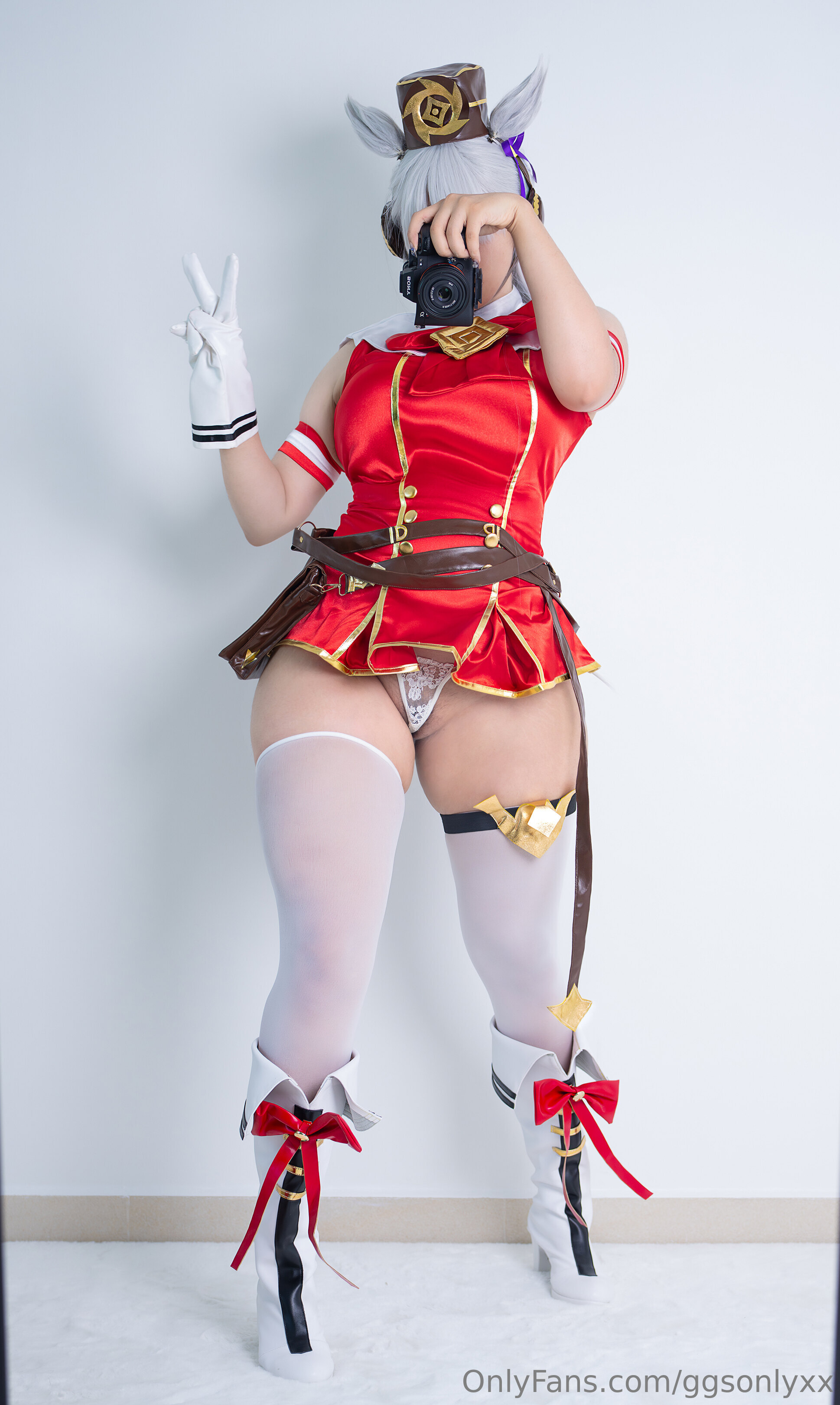 1girl asian asian_female black_hair cosplay cosplay_request cosplayer curvy female female_only ggsonlyxx gold_ship grey_hair indoors japanese onlyfans onlyfans_model onlyfans_username pubic_hair peek selfie solo solo_female solo_focus standing teasing thick_thighs thighs umamusume watermark