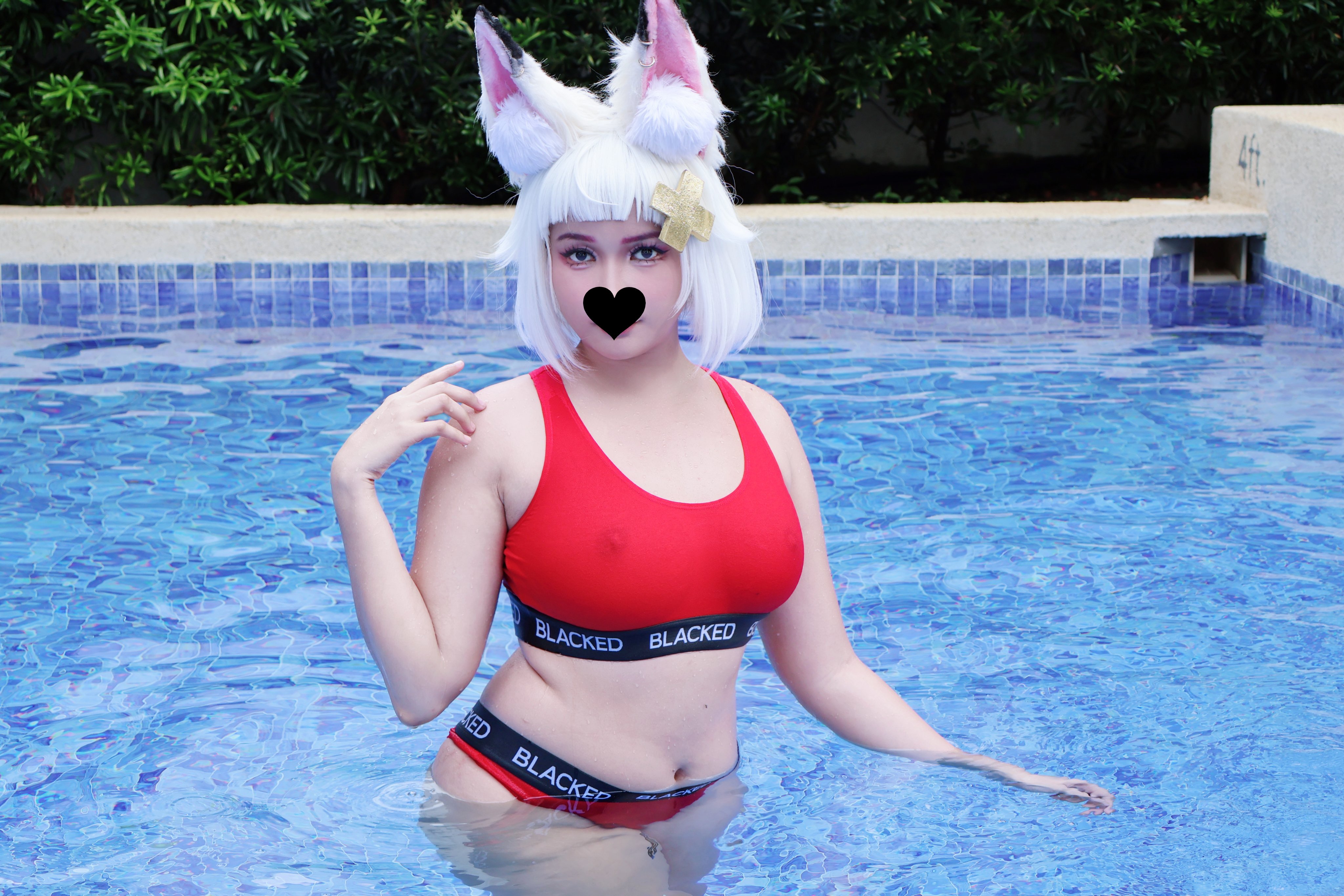 1girl bikini cosplay female fox_ears foxgirl nipples pool shirahiko_(character) virtual_youtuber vtuber white_hair xanzera yuusachii
