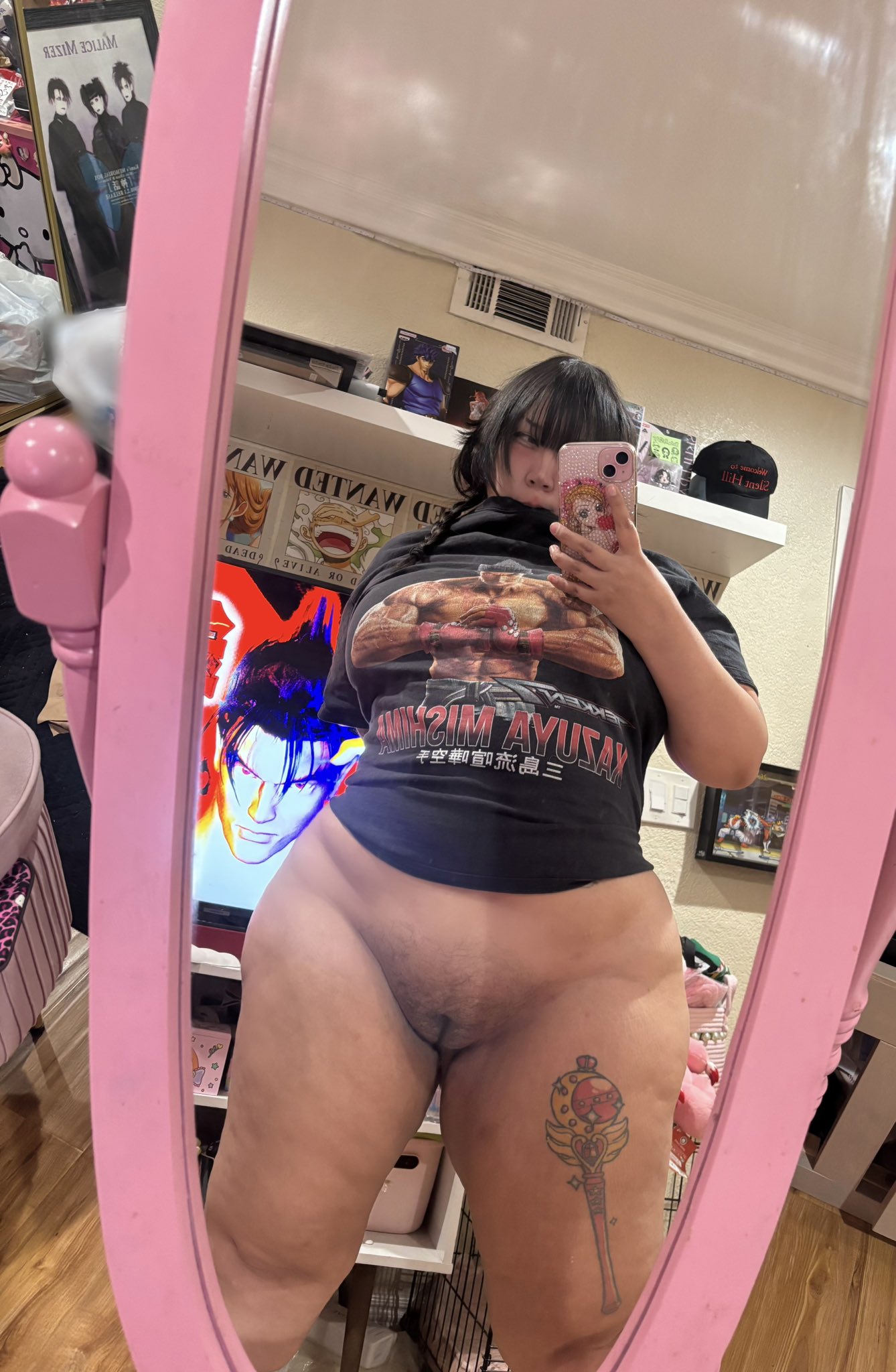 asian asian_female bottomless female namiswanbb pussy selfie shirt smartphone tattoo tattoo_on leg
