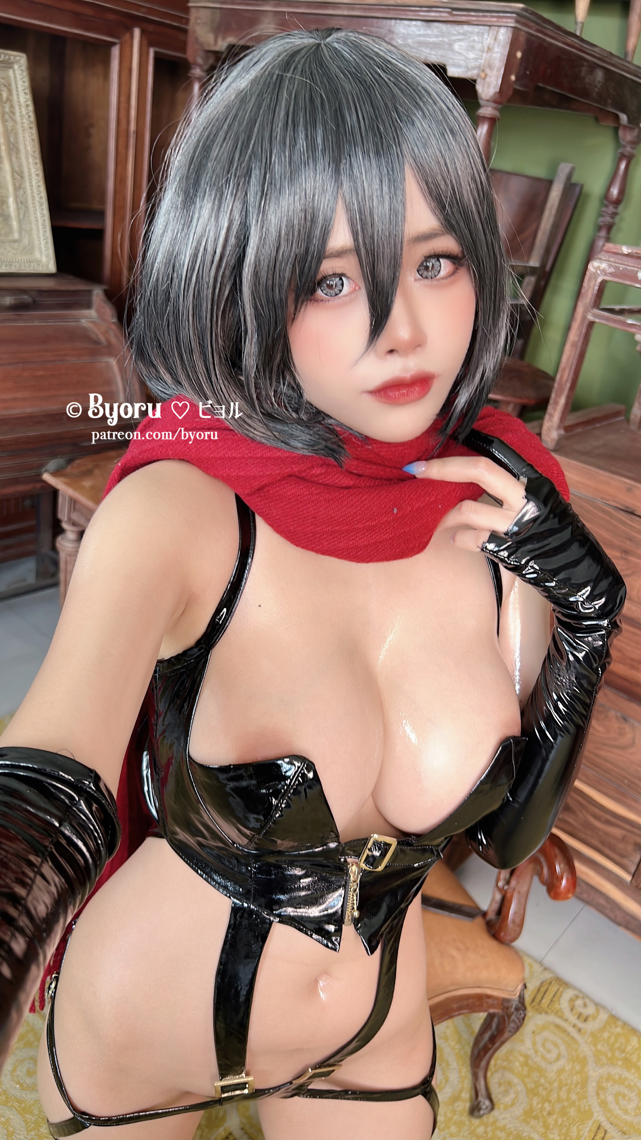1girl asian asian_female big_breasts breasts byoru cosplay dark_hair female front_view mikasa_ackerman solo white_female