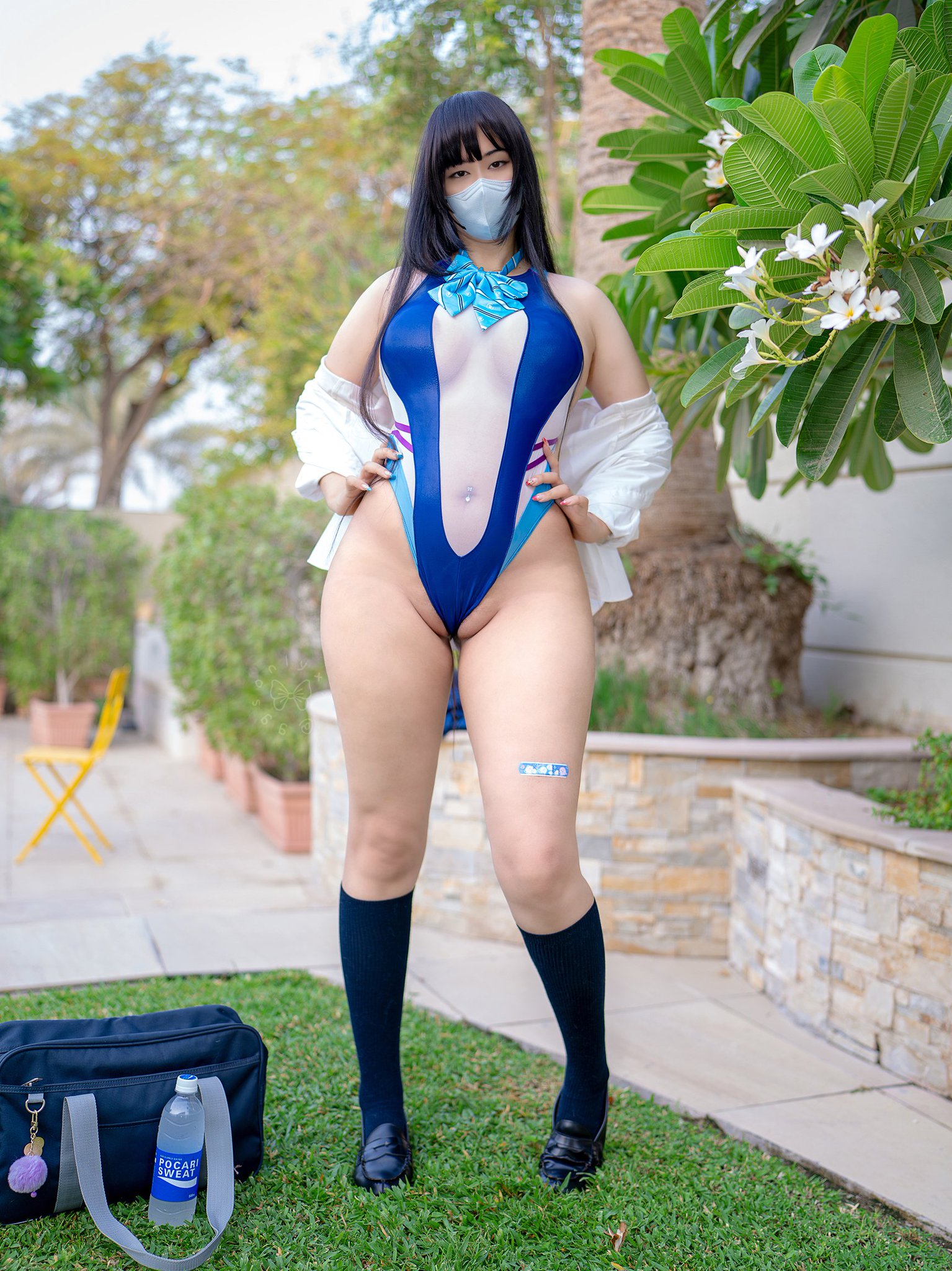 1girl asian black_hair cameltoe ggsonlyxx long_hair looking_at viewer one-piece_swimsuit swimsuit thick_thighs