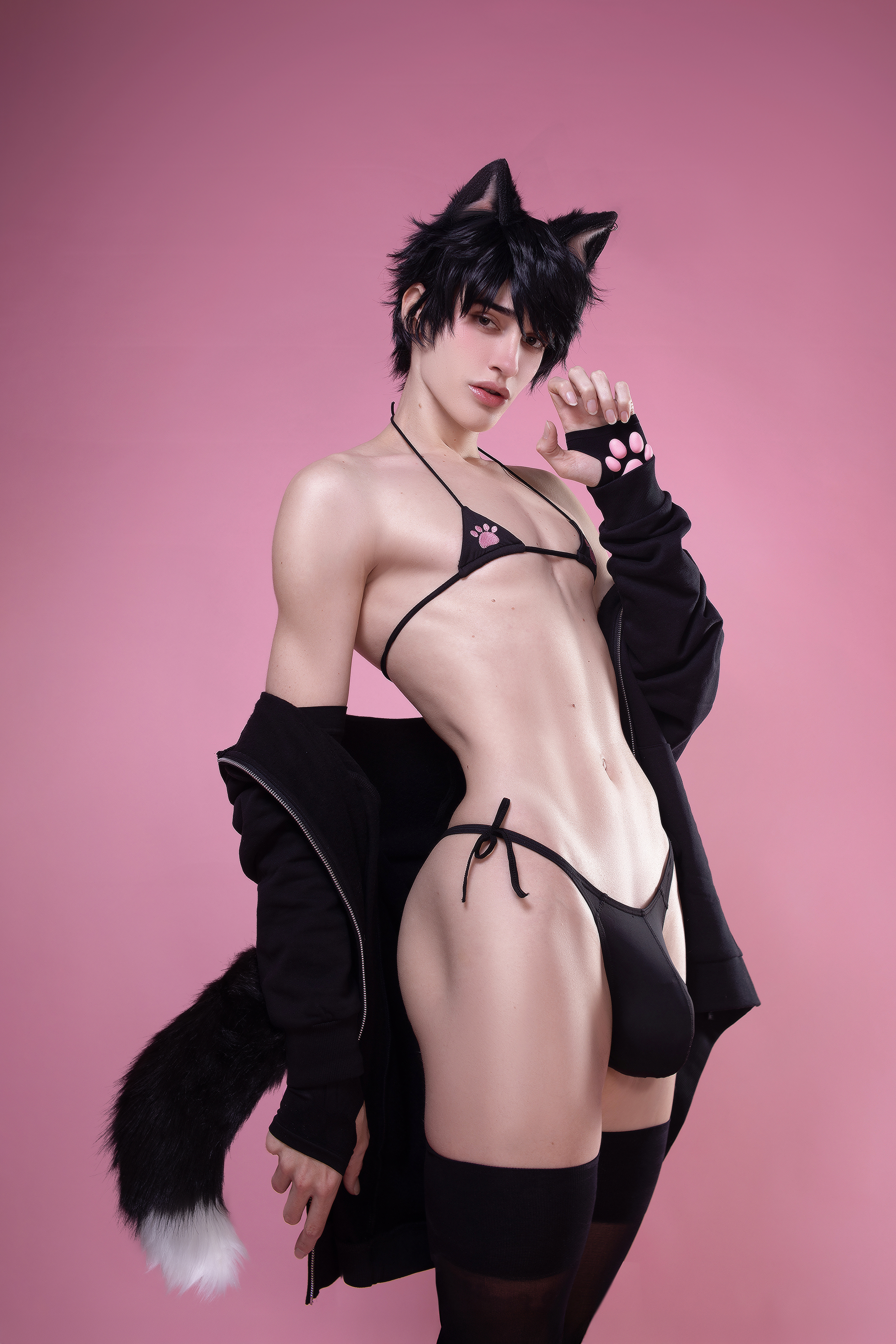 1boy bikini black_hair blush bulge cat_ears femboy gay looking_at viewer male male_only navel non-nude shunsukecos simple_background solo solo_male sourced sweater tail thong