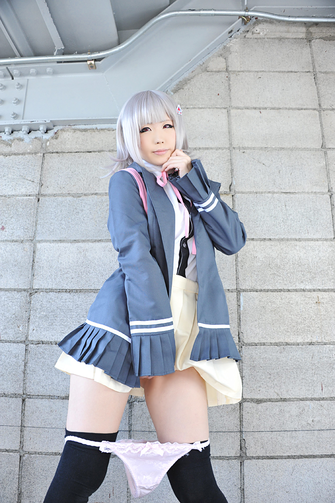 asian breasts chiaki_nanami cosplay danganronpa female grey_hair long_hair solo