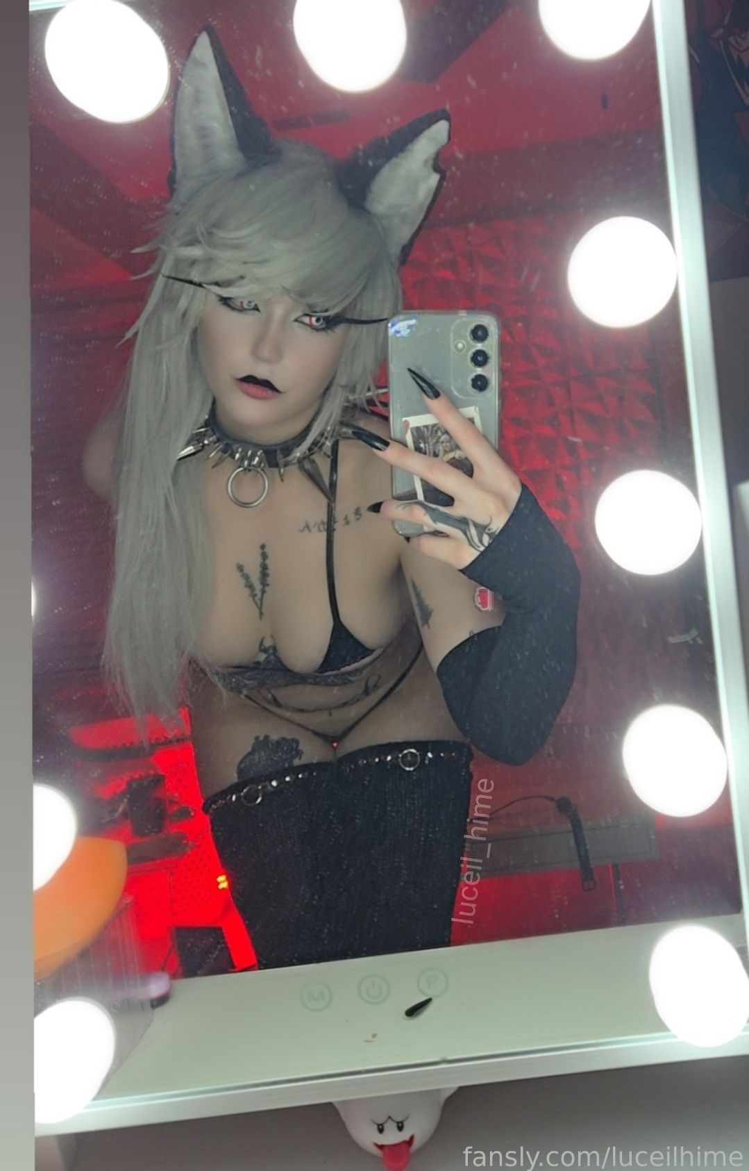 black_lipstick boobs bra breasts collar cosplay fansly female female_focus female_only female_solo furry helluva_boss loona loona_(helluva boss) luceilhime makeup panties solo solo_female solo_focus solo_girl sourced tattoo tattoos