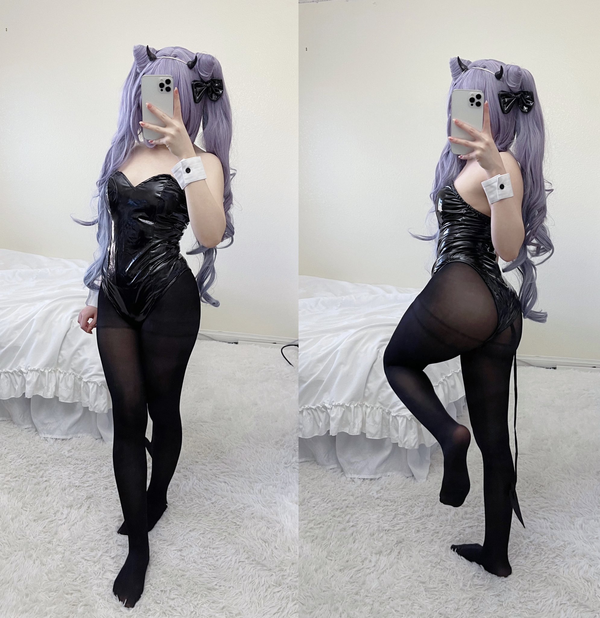 1girl ass bare_shoulders bed black_bow black_leotard black_pantyhose bow breasts cellphone cone_hair bun cosplay faceless_female feet full_body genshin_impact hair_bow hair_bun holding holding_phone horns indoors keqing_(genshin impact) leotard long_hair meme multiple_views nail_polish no_shoes pantyhose phone playboy_bunny purple_hair selfie small_breasts smartphone solo sourced split_screen standing standing_on one leg strapless strapless_leotard tail taking_picture thighband_pantyhose twintails wrist_cuffs