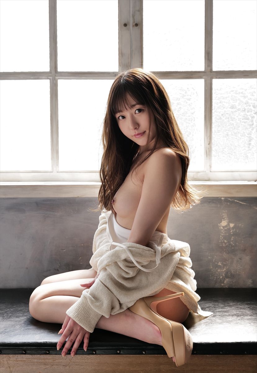 1girl aozora_hikari asian asian_female breasts breasts_out brown_hair clothed female female_only high_heels japanese japanese_female jav long_hair nipples open_shirt shirt shoes sideboob sitting small_breasts solo straight_hair sweater