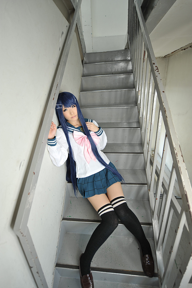 asian blue_hair breasts cosplay danganronpa female long_hair sayaka_maizono skirt solo thighhighs