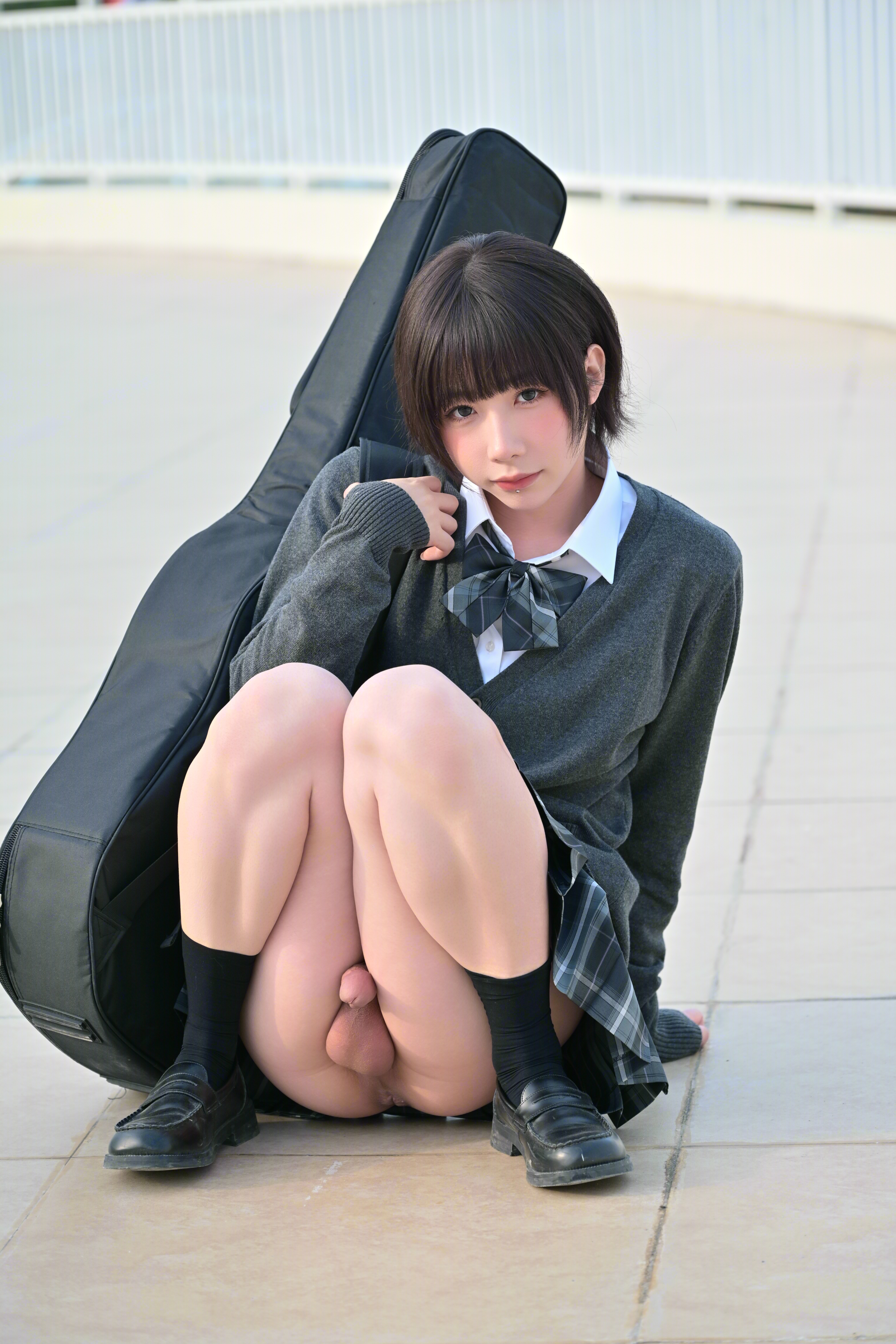 1boy anus asian ass bottomless brown_hair brunette chinese crossdresser femboy feminine flaccid izayoirui lip_piercing lipstick long_hair looking_at viewer makeup male male_focus male_only male_solo on_ground outside penis piercing presenting_ass public shoes sitting skirt small_penis socks solo testicles trap