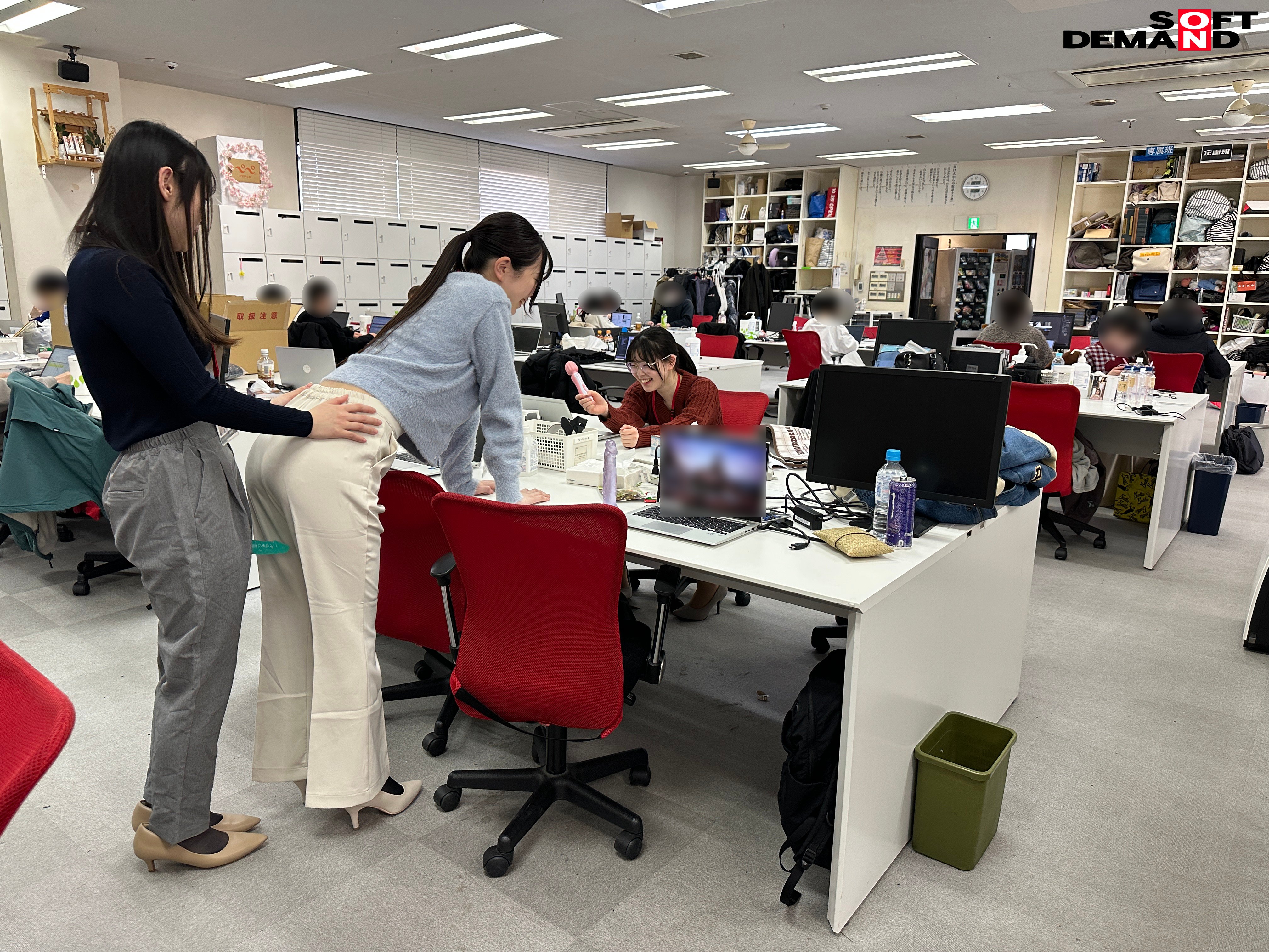 3girls asian asian_female ass bending_over black_hair censored_face desk desk_chair dildo hand_on ass high_heels japanese japanese_(nationality) japanese_female jav long_hair non-nude office sex_toy sitting smile softdemand strapon