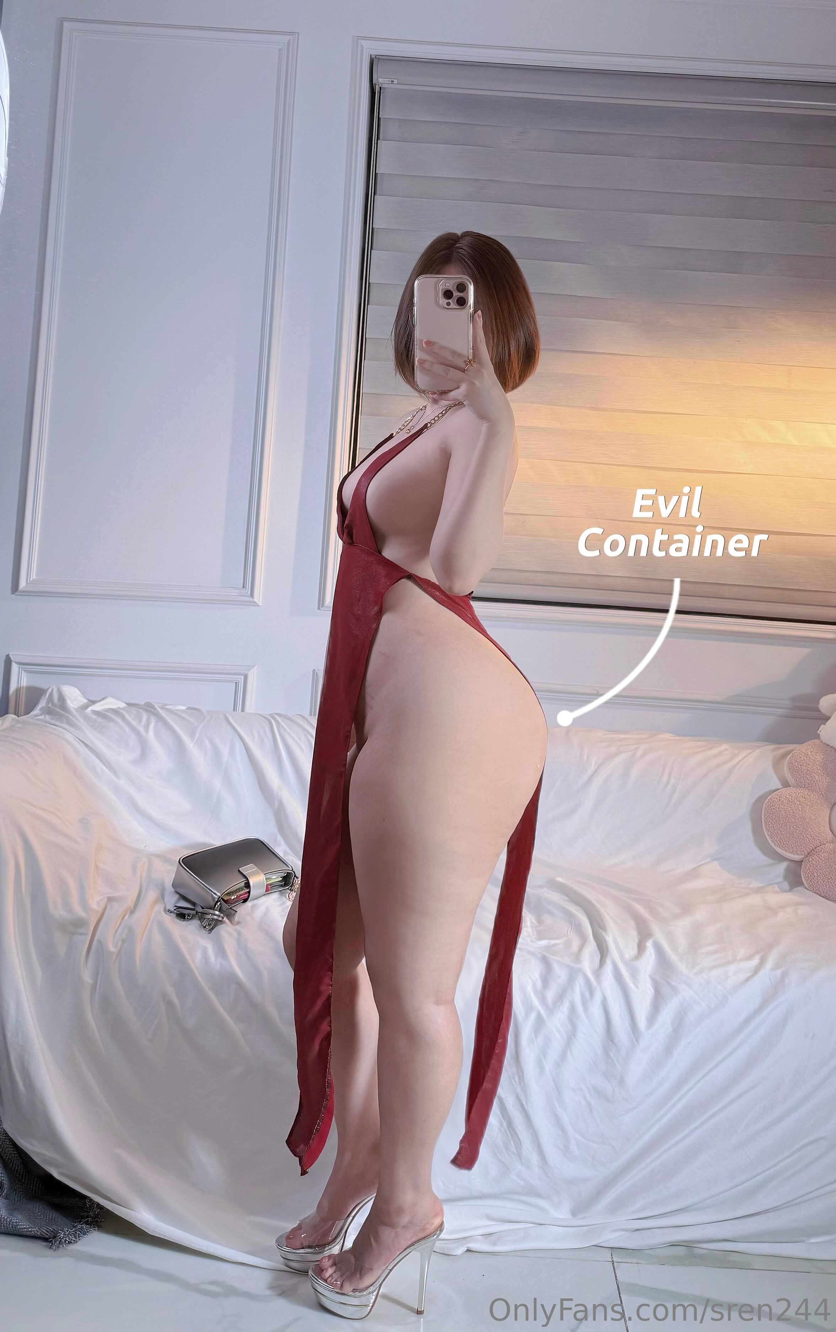 1girl asian ass bed bedroom big_ass big_breasts bottomless breasts brown_hair brunette dress feet female female_focus female_only female_solo high_heels korean long_hair on_bed onlyfans peachuu244 phone presenting_ass selfie sideboob solo standing text thick watermark