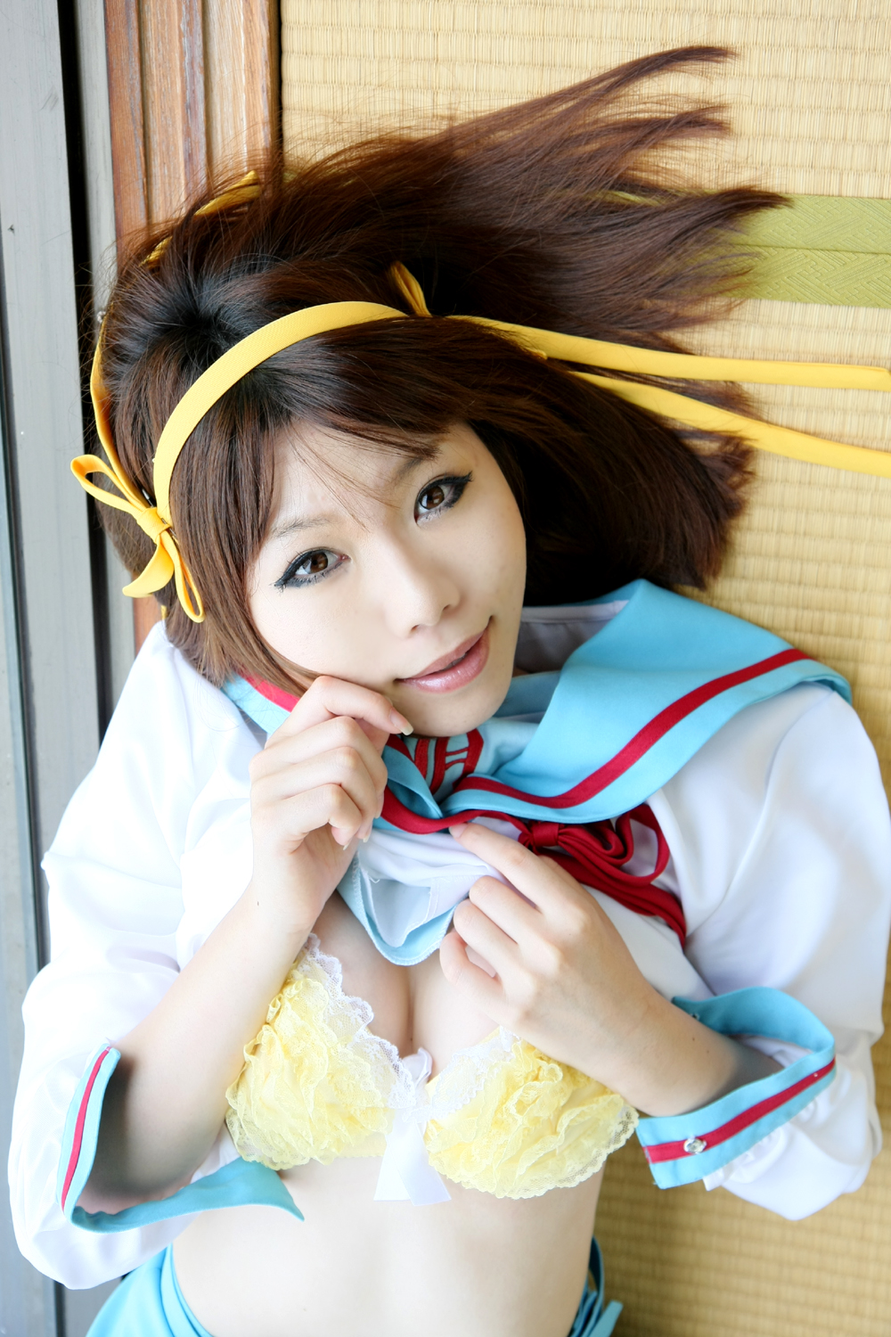 asian bra breasts brown_hair cosplay female hairband lace_bra short_hair skirt solo suzumiya_haruhi suzumiya_haruhi_(cosplay) suzumiya_haruhi_no_yuuutsu yellow_bra