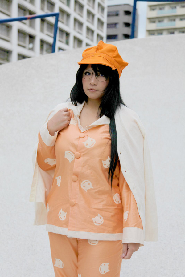 asian black_hair breasts chouzuki_maryou cosplay female glasses hat huge_breasts long_hair outside pajamas solo