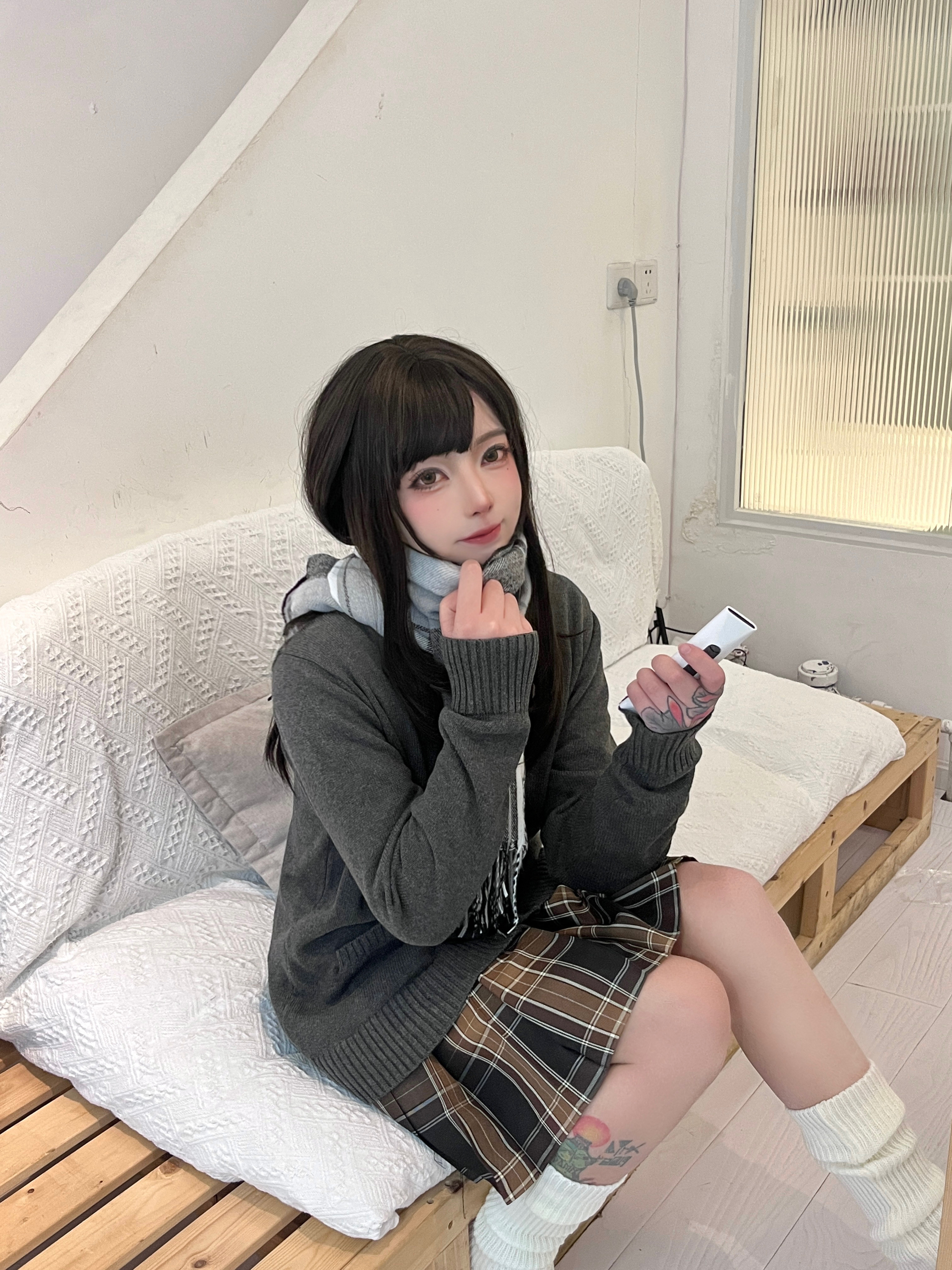 1boy asian black_hair couch crossdresser femboy feminine japanese lipstick long_penis looking_at viewer makeup male male_focus male_only male_solo on_couch phone scarf sitting skirt socks solo sweater tattoo tatuziddderm trap twintails