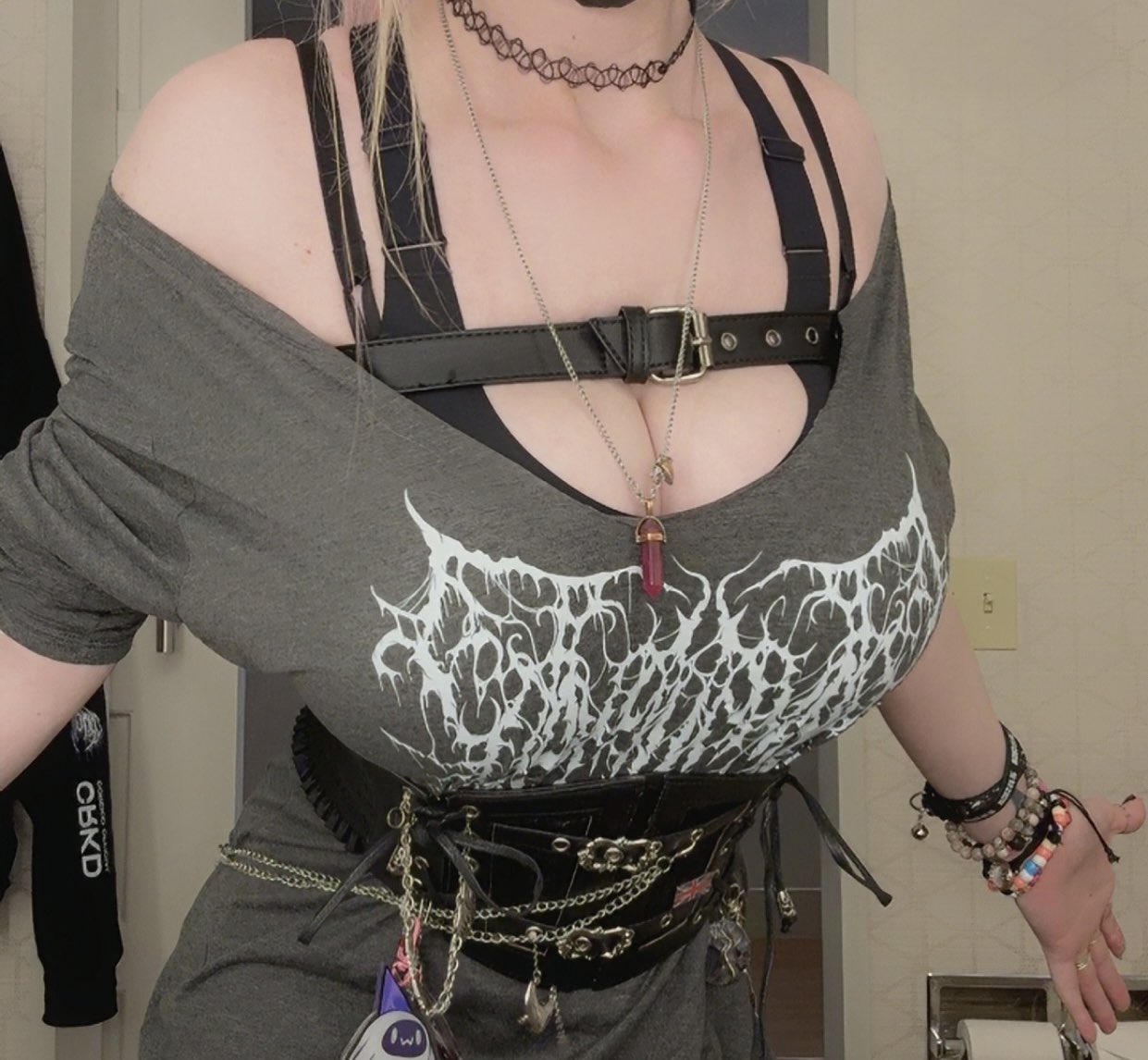 1girl big_breasts blonde_hair boobs cleavage female grey_shirt huge_breasts large_breasts necklace obkatiekat tits virtual_youtuber vtuber