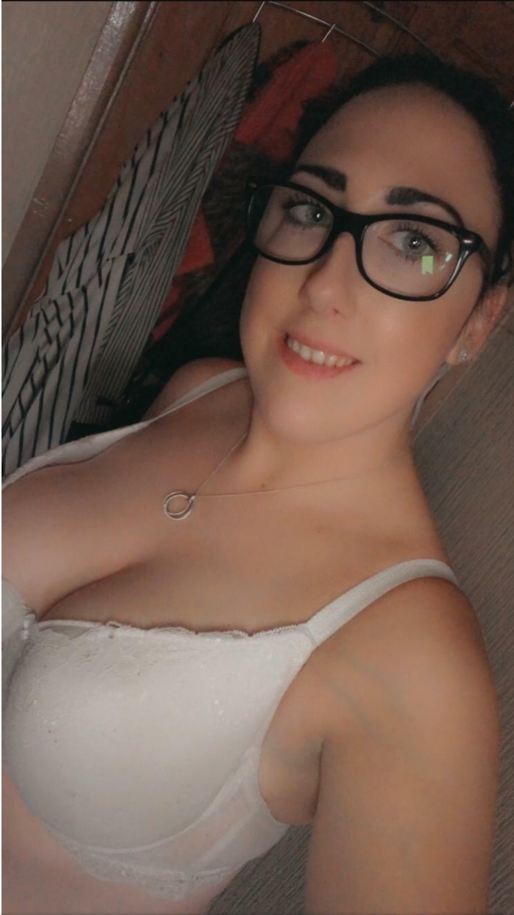 28 bedroom big_breasts bisexual bra british british_female christina earring earrings european european_woman glasses looking_at_viewer married medium_breasts necklace pretty selfie smile united_kingdom white_bra