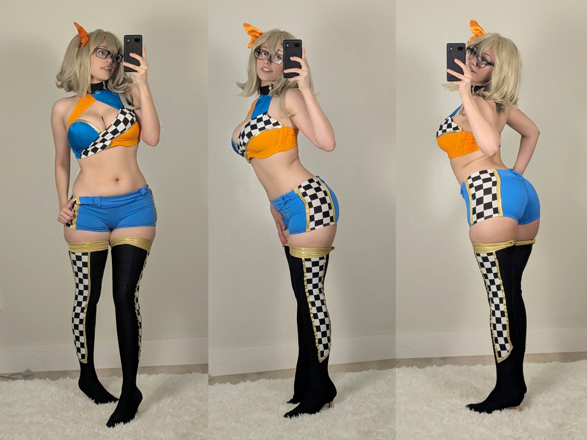 1girl bare_shoulders big_tits blonde_hair breasts cleavage cosplay female glasses gumbun large_breasts marimari_en midriff parted_lips phase_connect phone posing selfie simple_background split_screen thick thick_ass thick_thighs thighs virtual_youtuber vtuber