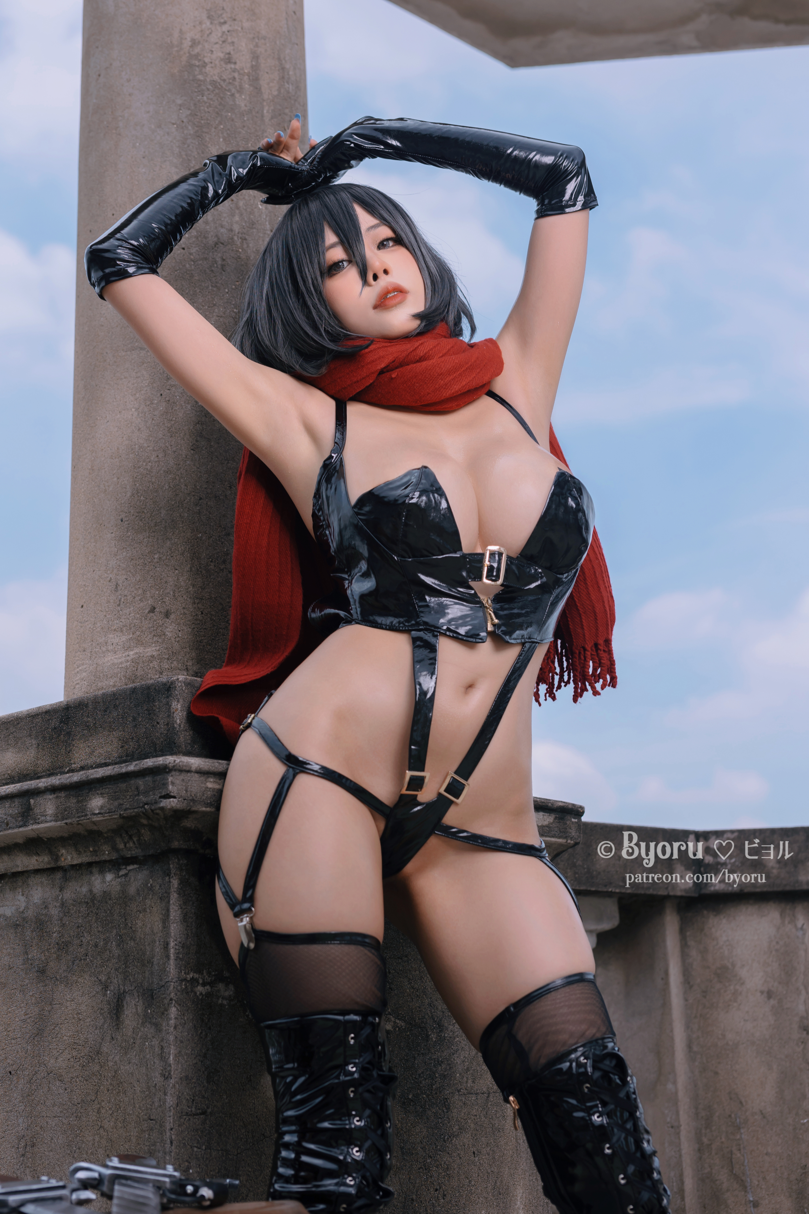 1girl asian asian_female big_breasts breasts byoru cosplay dark_hair female front_view mikasa_ackerman solo white_female
