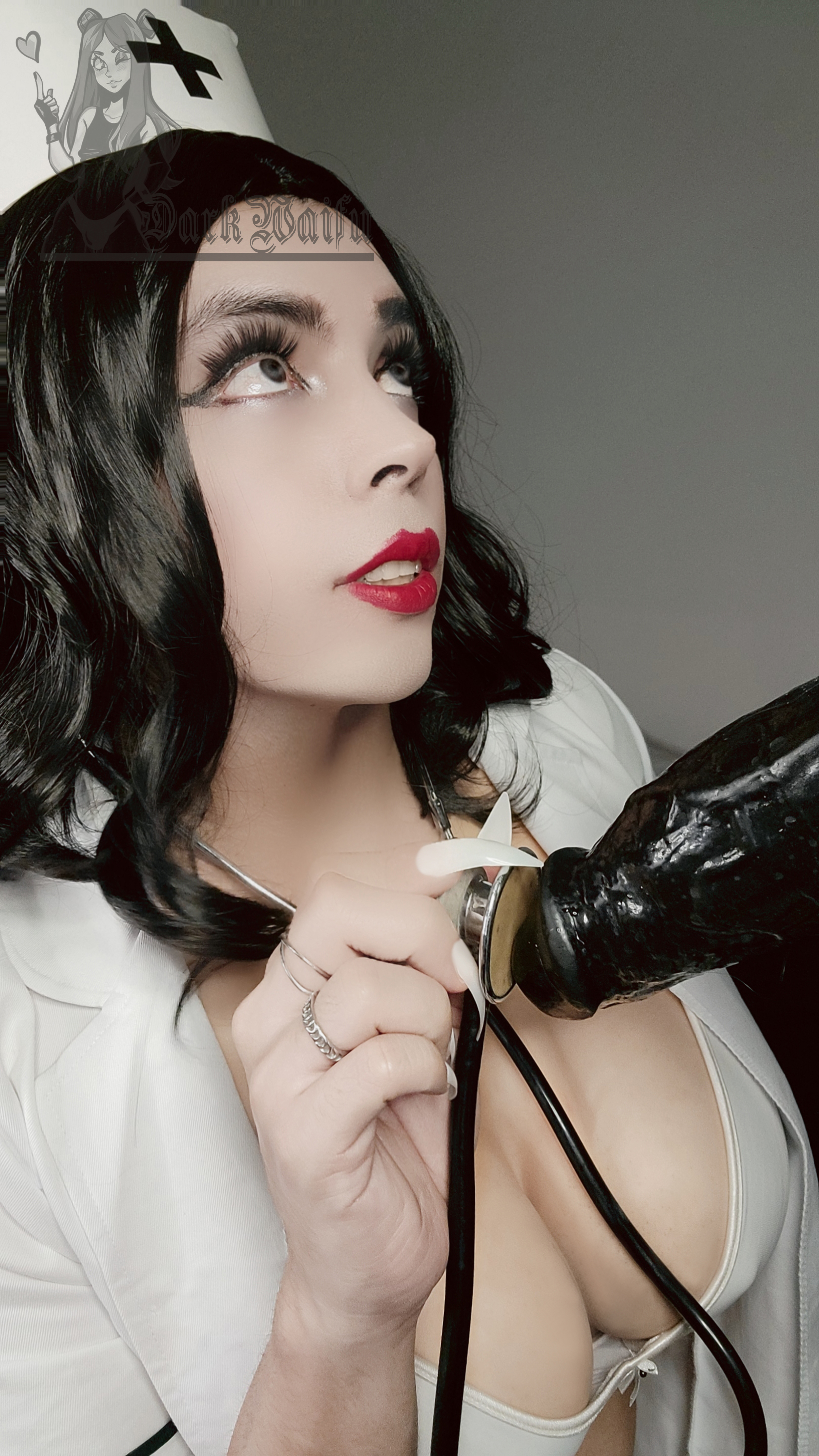 1boy big_breasts big_dildo black_dildo black_hair bra breasts cleavage darkwaifutrap dildo fake_nails femboy feminine hat lipstick long_hair looking_away male male_focus male_only male_solo nurse nurse_cap nurse_outfit nurse_uniform selfie solo stethoscope text trap watermark