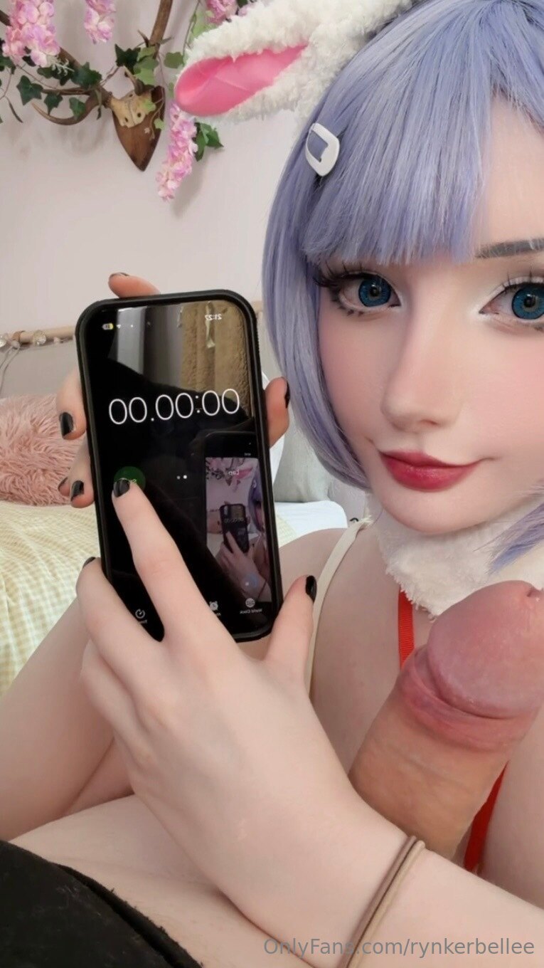 1boy 1girl bedroom big_penis blue_hair erection female female_focus lipstick long_hair looking_at viewer makeup male male_pov onlyfans penis phone pov reflection rynkerbelle straight text watermark