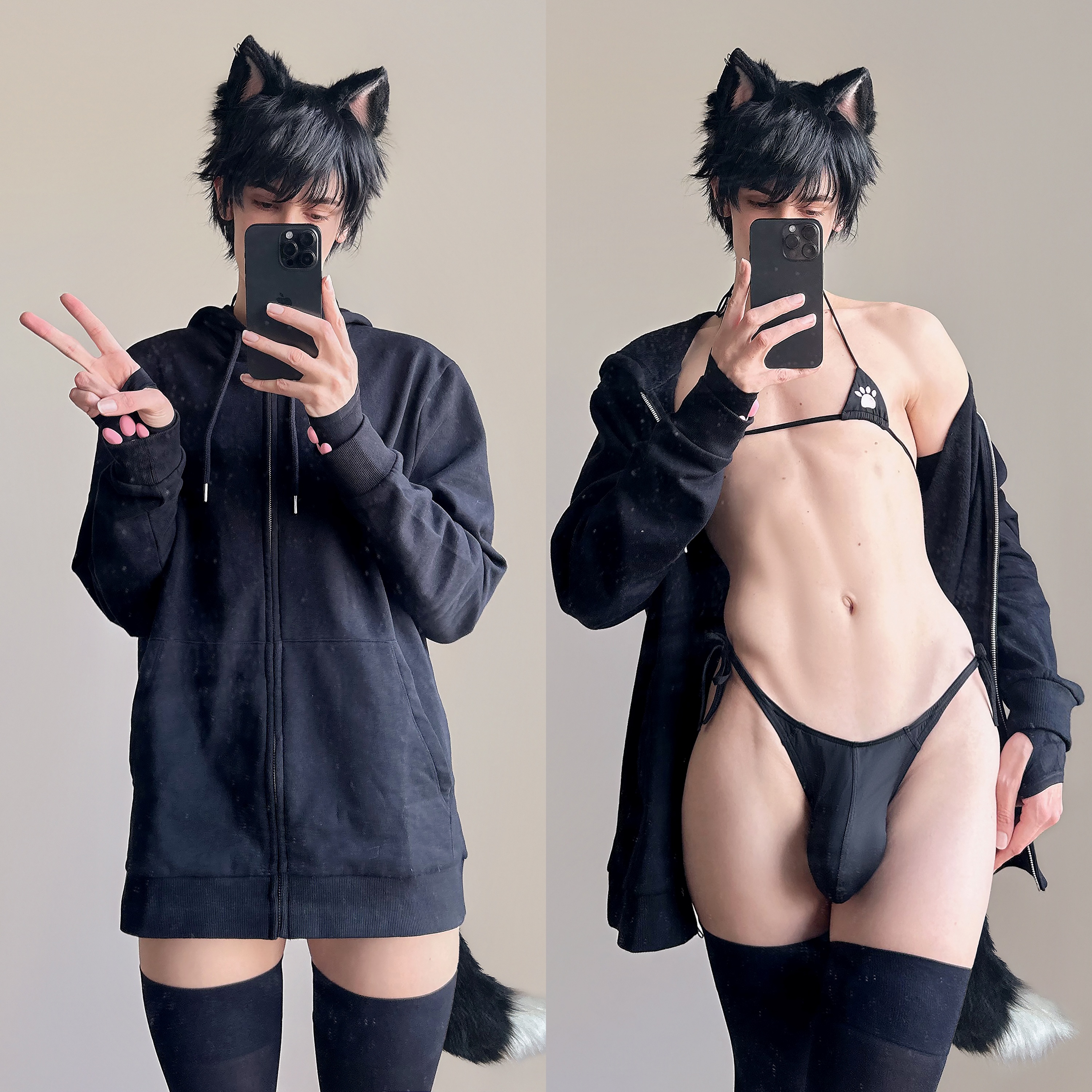 1boy bikini black_hair bulge cat_ears femboy gay iphone male male_only navel non-nude peace_sign phone shunsukecos simple_background solo solo_male sourced split_screen sweater tail thong twitter