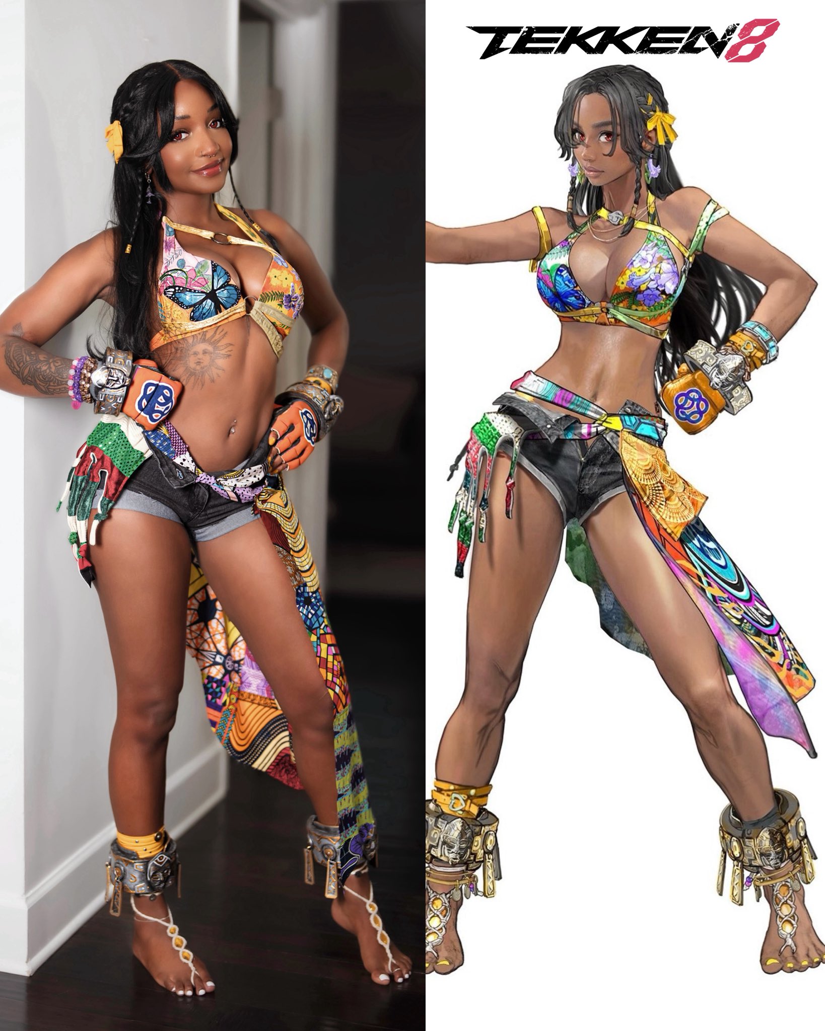 1girl anklet arm_tattoo bare_shoulders barefoot black_hair black_shorts breasts cleavage copyright_name cosplay cosplay_photo dark-skinned_female dark_skin derivative_work female female_focus female_only fingerless_gloves full_body gloves hair_ribbon hands_on hips hands_on own hips highres jewelry kaybear kayyybear large_breasts long_hair looking_at viewer miary_zo namco navel ribbon sarong shorts standing tattoo tekken tekken_8 unzipped yellow_nails yellow_ribbon