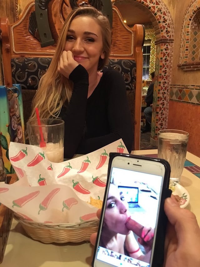 1boy 1girl amateur before_and_after blowjob cellphone faceless_male fellatio handjob hetero holding_penis kendra_sunderland looking_at_viewer penis phone pov public restaurant smartphone smile straight