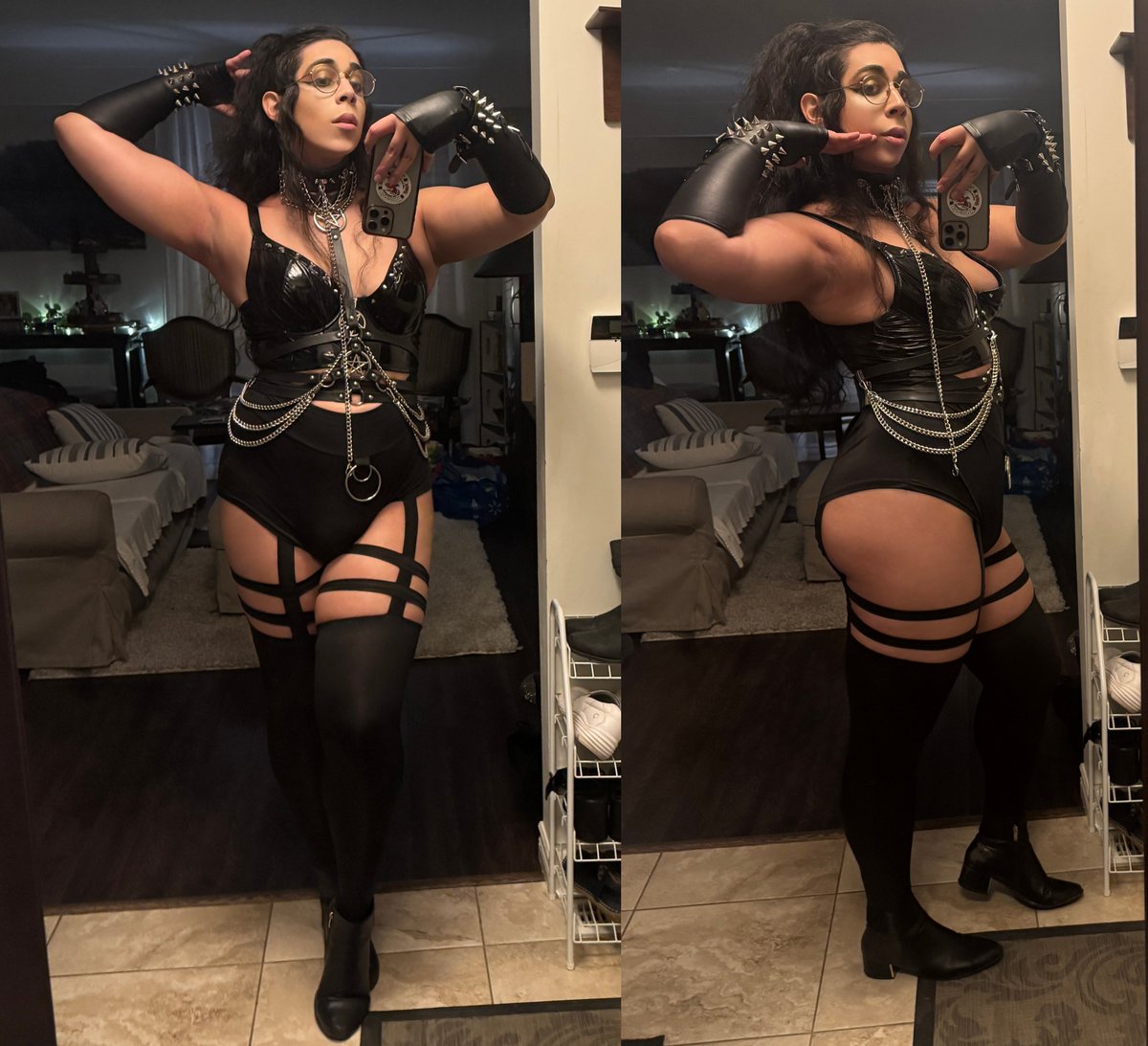 armpits ass boots breasts bulge clothed dat_ass glasses leather leotard non-nude phone posing rayraysugarbutt selfie sleeves solo split_screen stockings thighhighs transgender