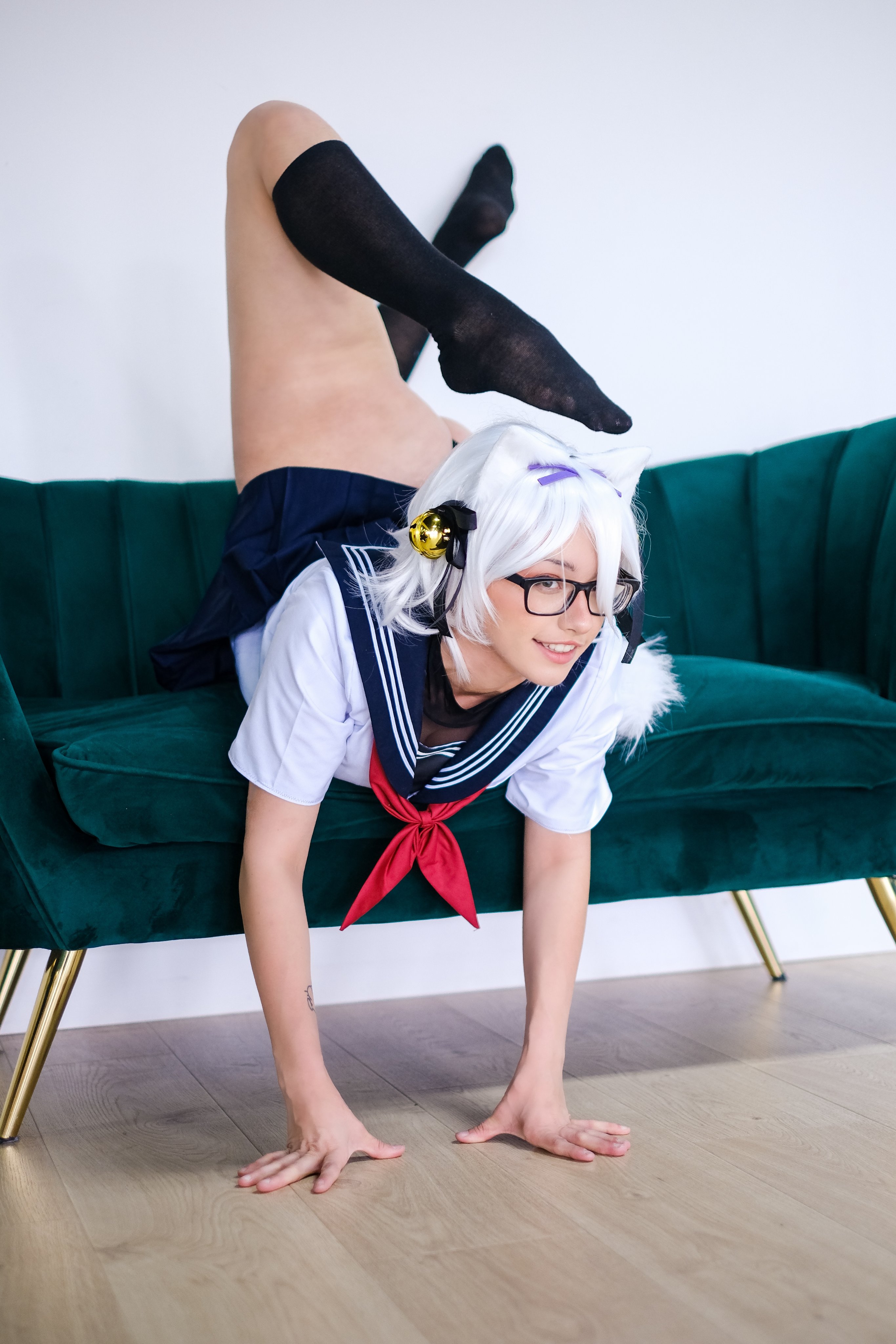 1girl ass ass_focus feet feet_up female filian foot glasses gumbun sailor_uniform thick thick_ass thick_thighs thighhighs thighs virtual_youtuber vtuber white_hair