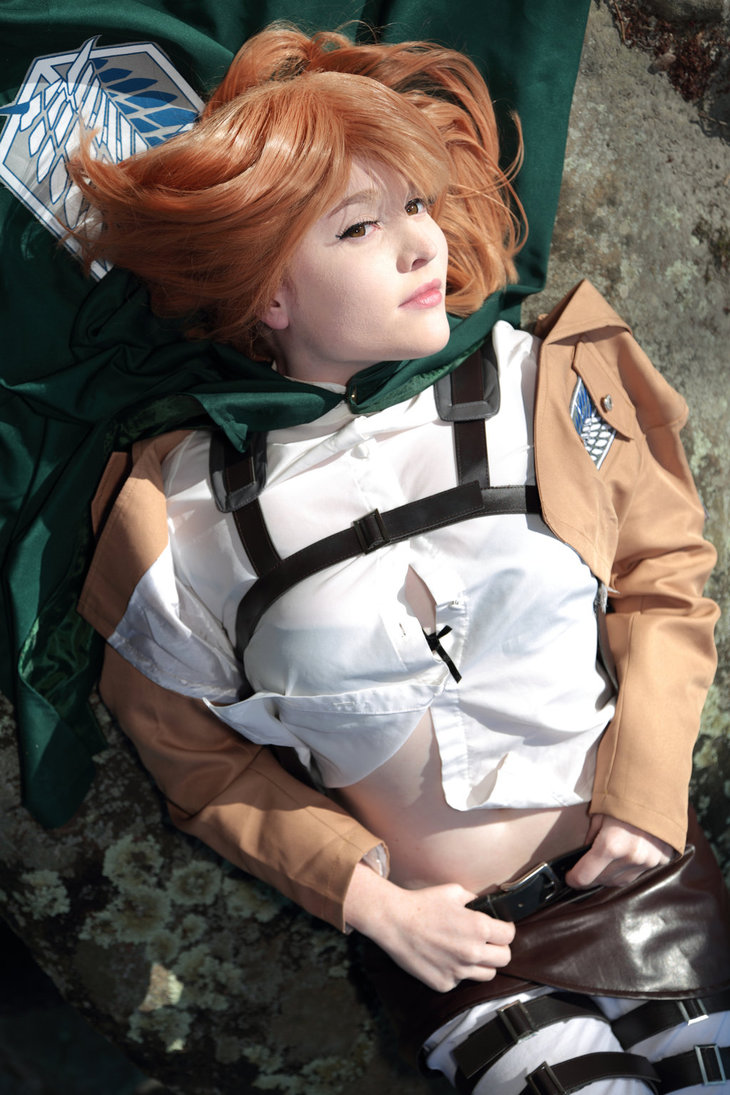 1girl attack_on_titan breasts brown_hair cosplay female foxycosplay long_hair looking_at_viewer lying petra_ral solo tagme