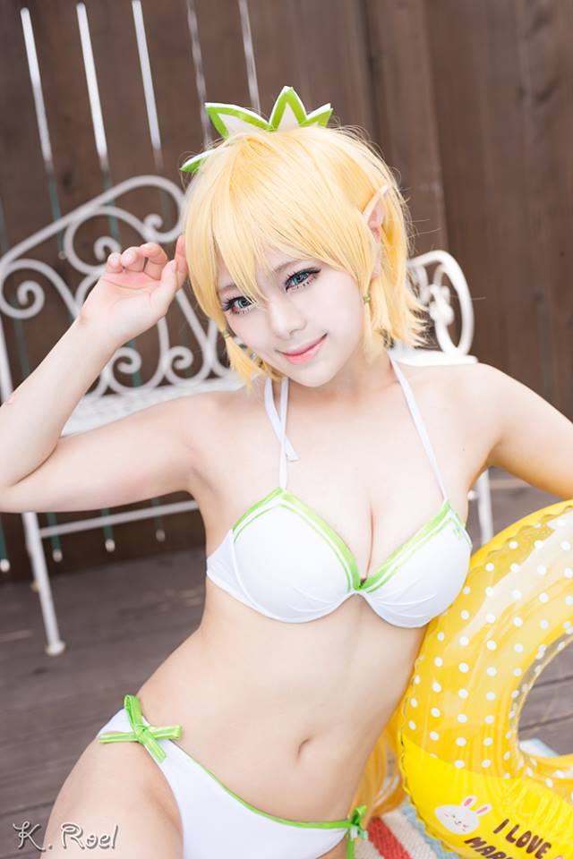 1girl asian bikini blonde_hair blue_eyes cleavage cosplay innertube korean leafa midriff navel outside pointy_ears rumi swimsuit sword_art_online wig