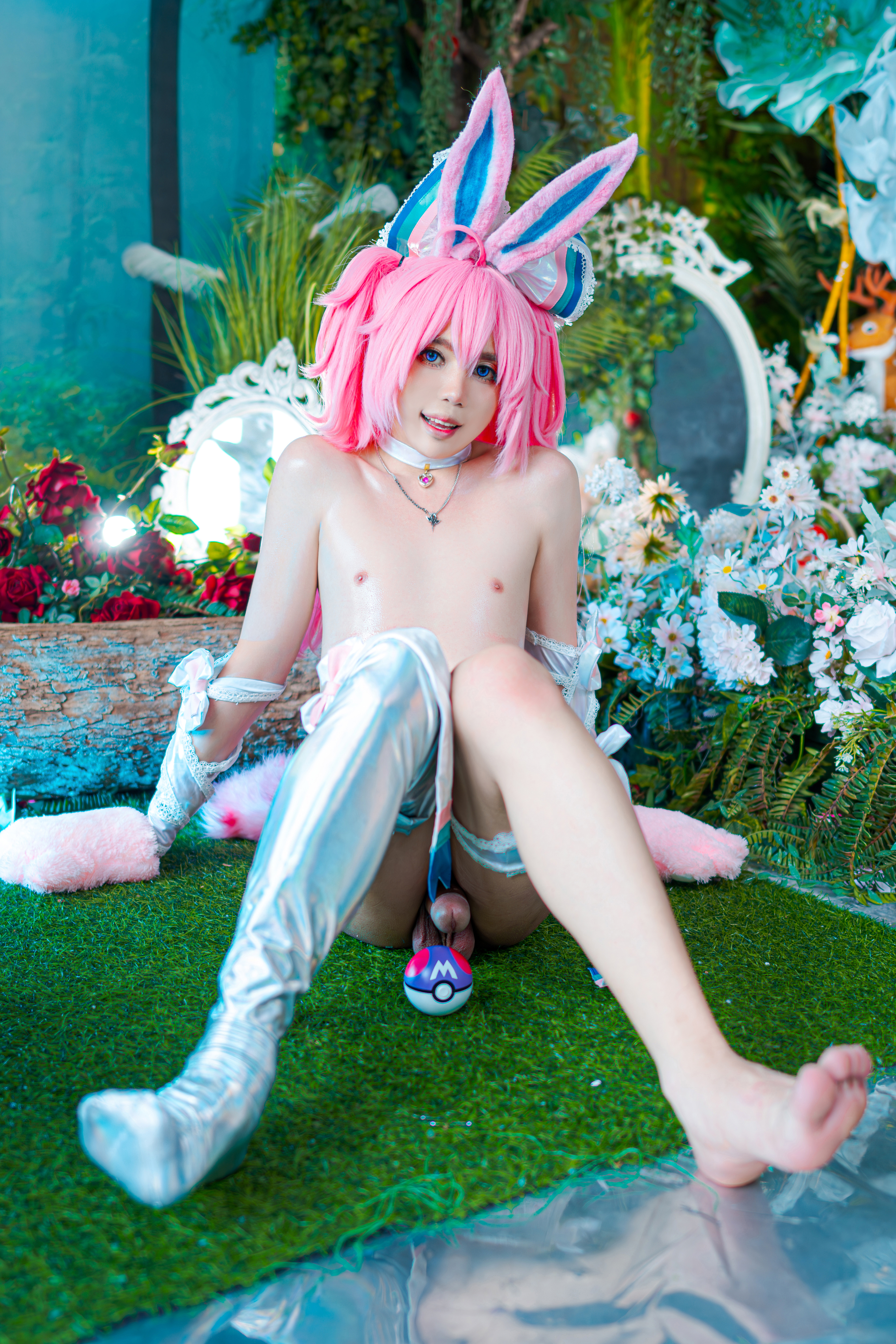 1boy asian femboy nipples penis pink_hair pokemon sylveon_(cosplay) testicles trap velvetchann