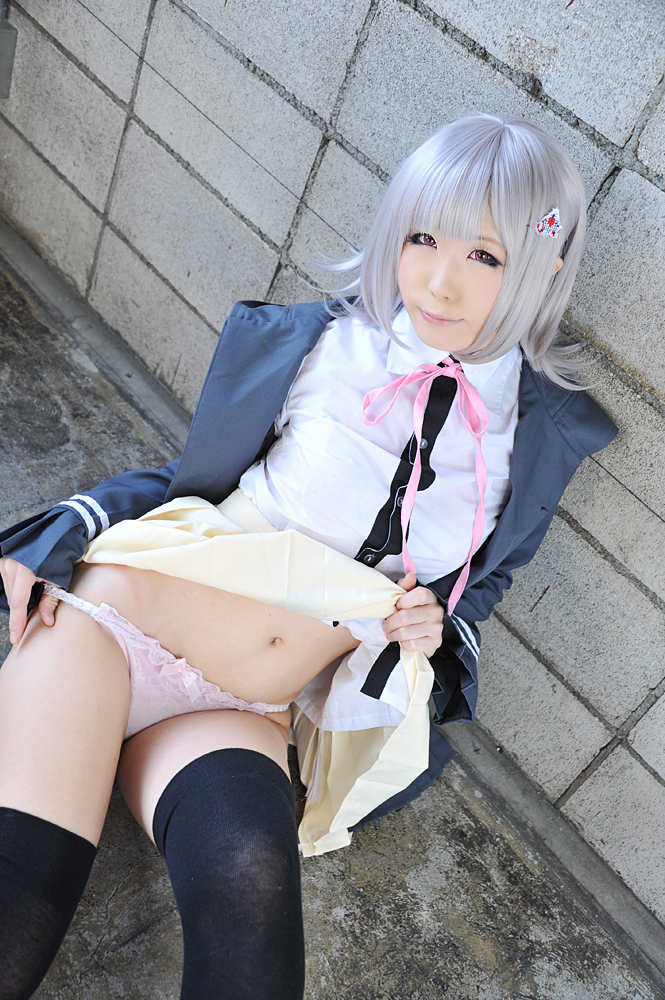 asian breasts chiaki_nanami cosplay danganronpa female grey_hair long_hair solo