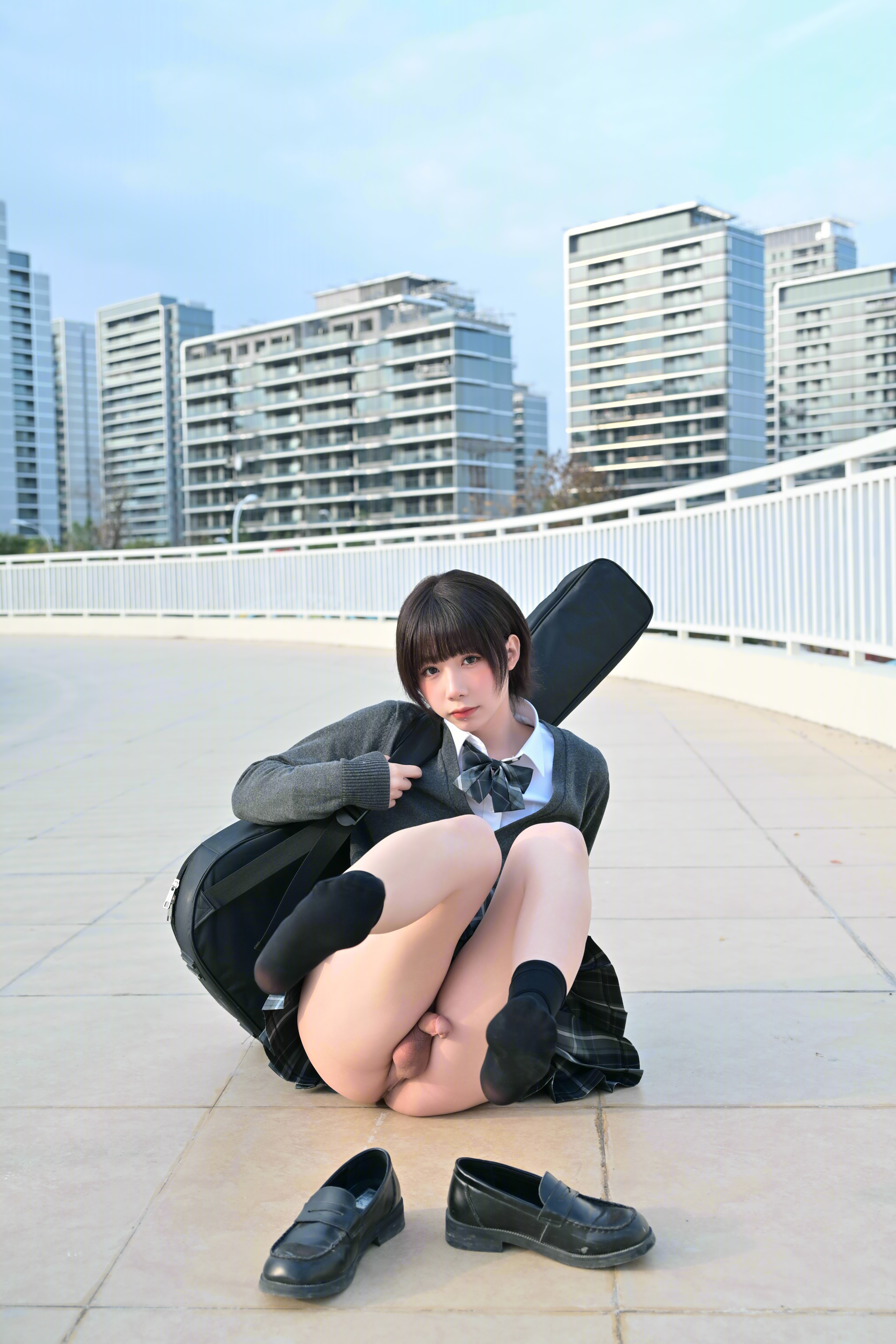 1boy anus asian ass bottomless brown_hair brunette chinese crossdresser femboy feminine flaccid izayoirui legs_up lip_piercing long_hair looking_at viewer makeup male male_focus male_only male_solo on_ground outside penis piercing presenting_ass public shoes sitting skirt small_penis smile smiling socks solo testicles trap